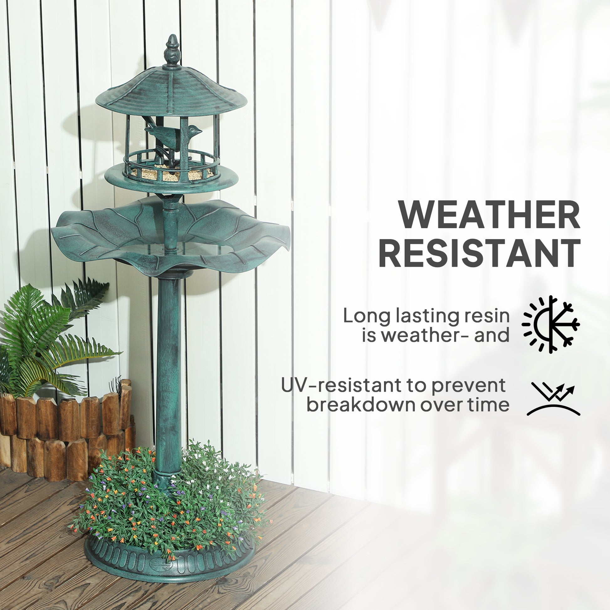  or even as a flower planter</li><li>Classic & Timeless Style: Birdhouse style top of this pedestal column features a bird inside while the bottom can be used to plant flowers. Plant tons of flowers for all your new bird friends</li><li>Strong Construction: This bird bath is crafted out of weather and frost resistant plastic and is lightweight yet highly robust</li><li>Additional Stability: The plastic bird bath includes three ground stakes and filling the base with stones is recommended for added stability