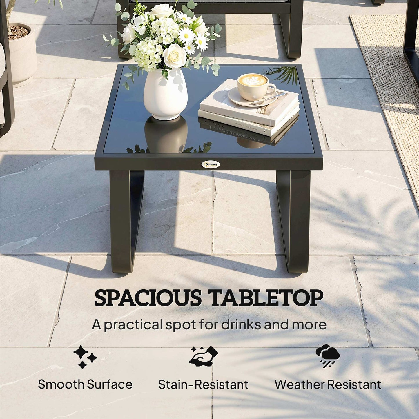 Outsunny Outdoor Garden Coffee Table, Rectangle Metal Side Table with Tempered Glass Tabletop, Adjustable Foot Pads