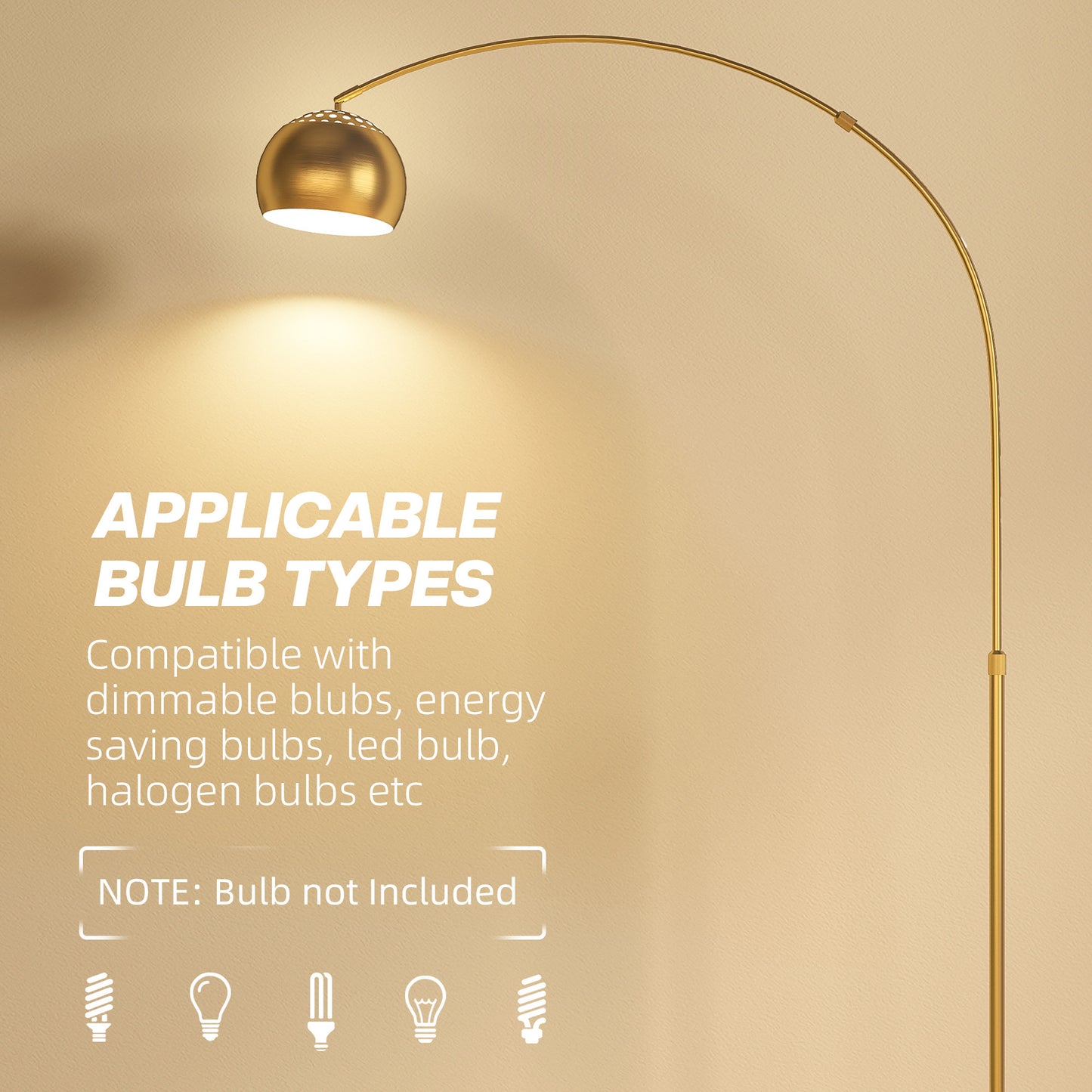 HOMCOM 180cm Arc Floor Lamp for Living Room, Modern Adjustable Standing Lamp with Foot Switch, Faux Black Marble Base and Bell Shade for Home Offices, Bedrooms, Gold Tone