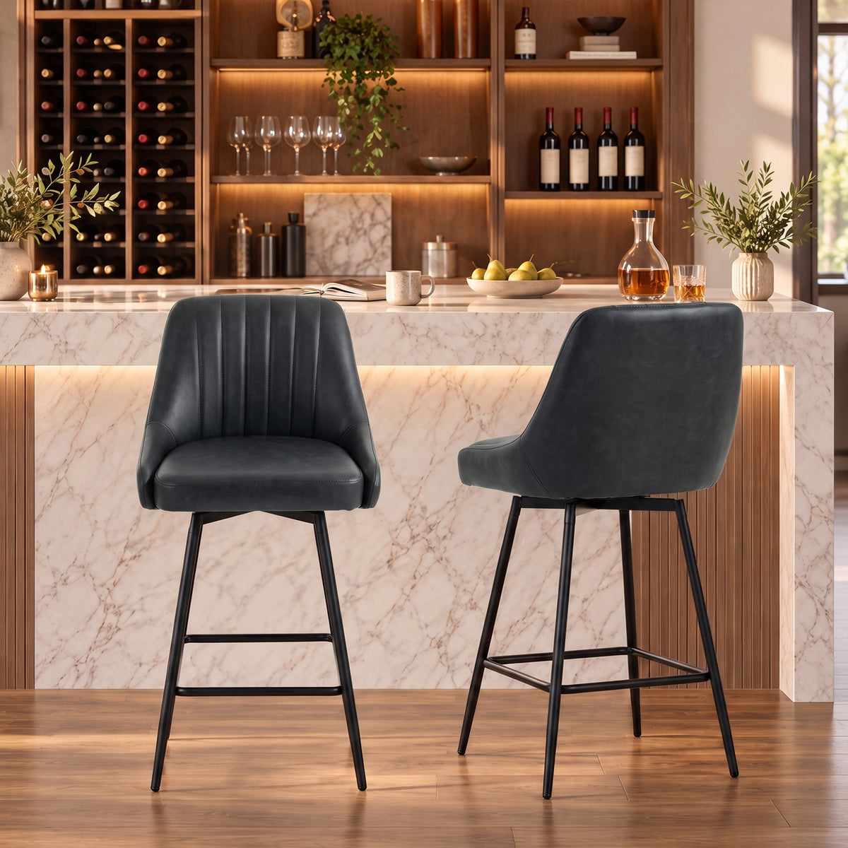 HOMCOM Bar Stools Set of 2, Swivel Counter Height Barstools with PU Leather, for Kitchen Island, Dining Room, Dark Grey