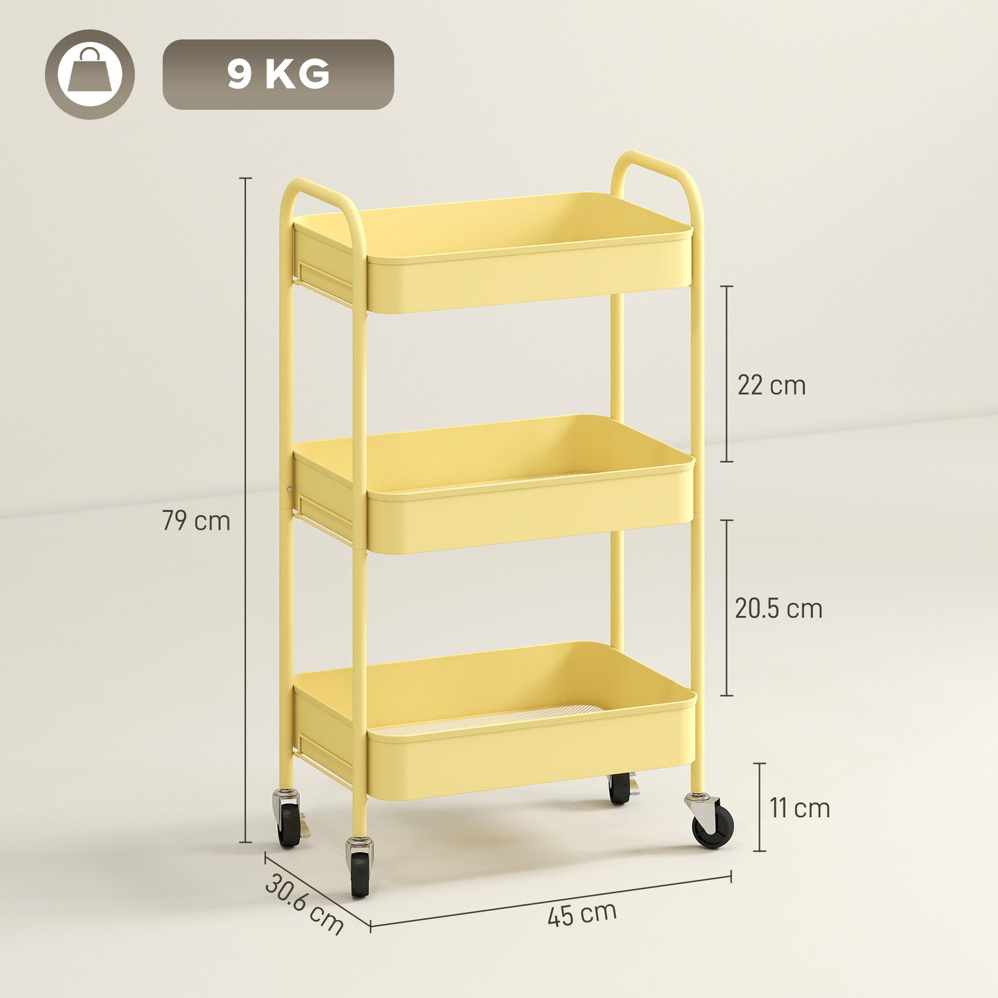 HOMCOM Three-Tier Steel Storage Trolley - Yellow