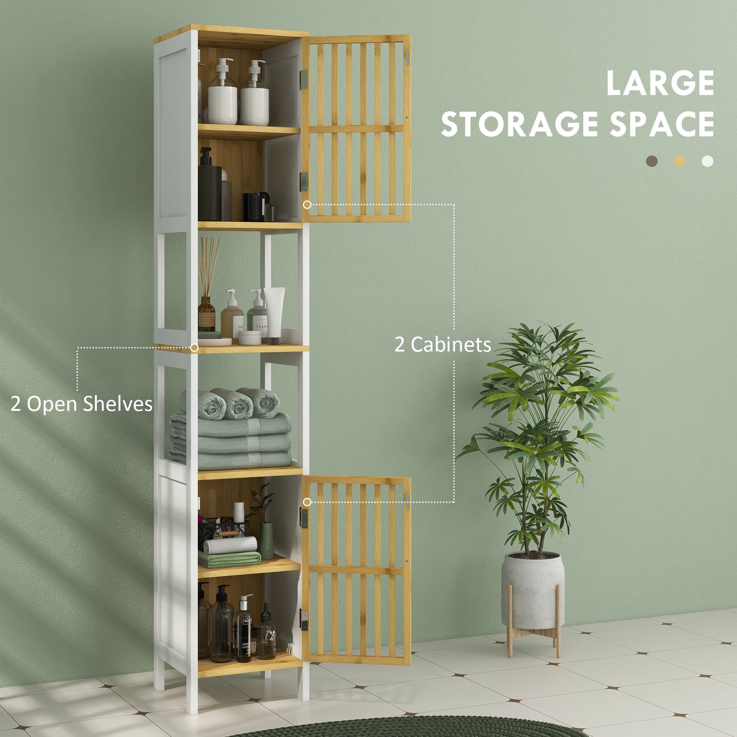 HOMCOM Bamboo-Blend Retro Cut-Out Tall Bathroom Storage Unit