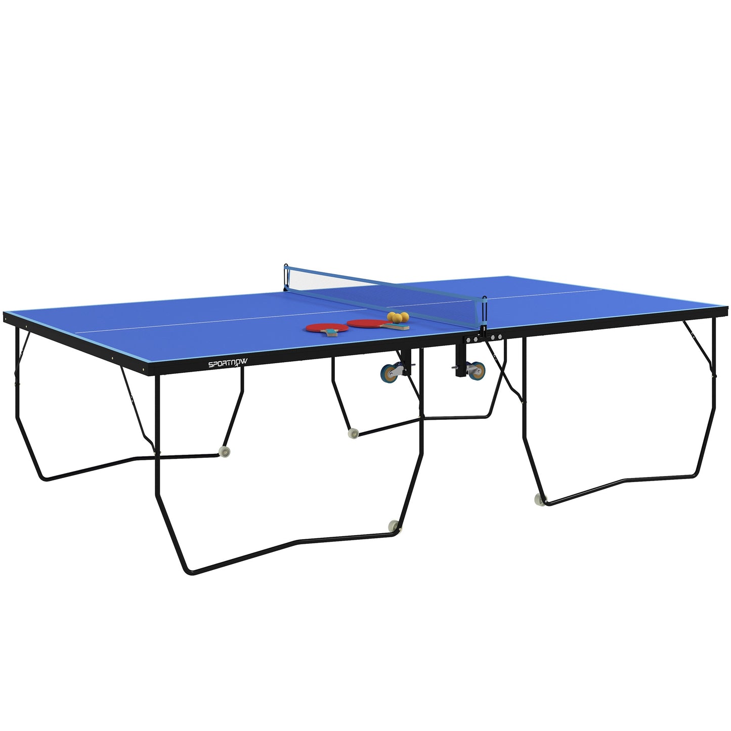 SPORTNOW 9FT Folding Tennis Table, with 8 Wheels, for Indoor Use, Blue