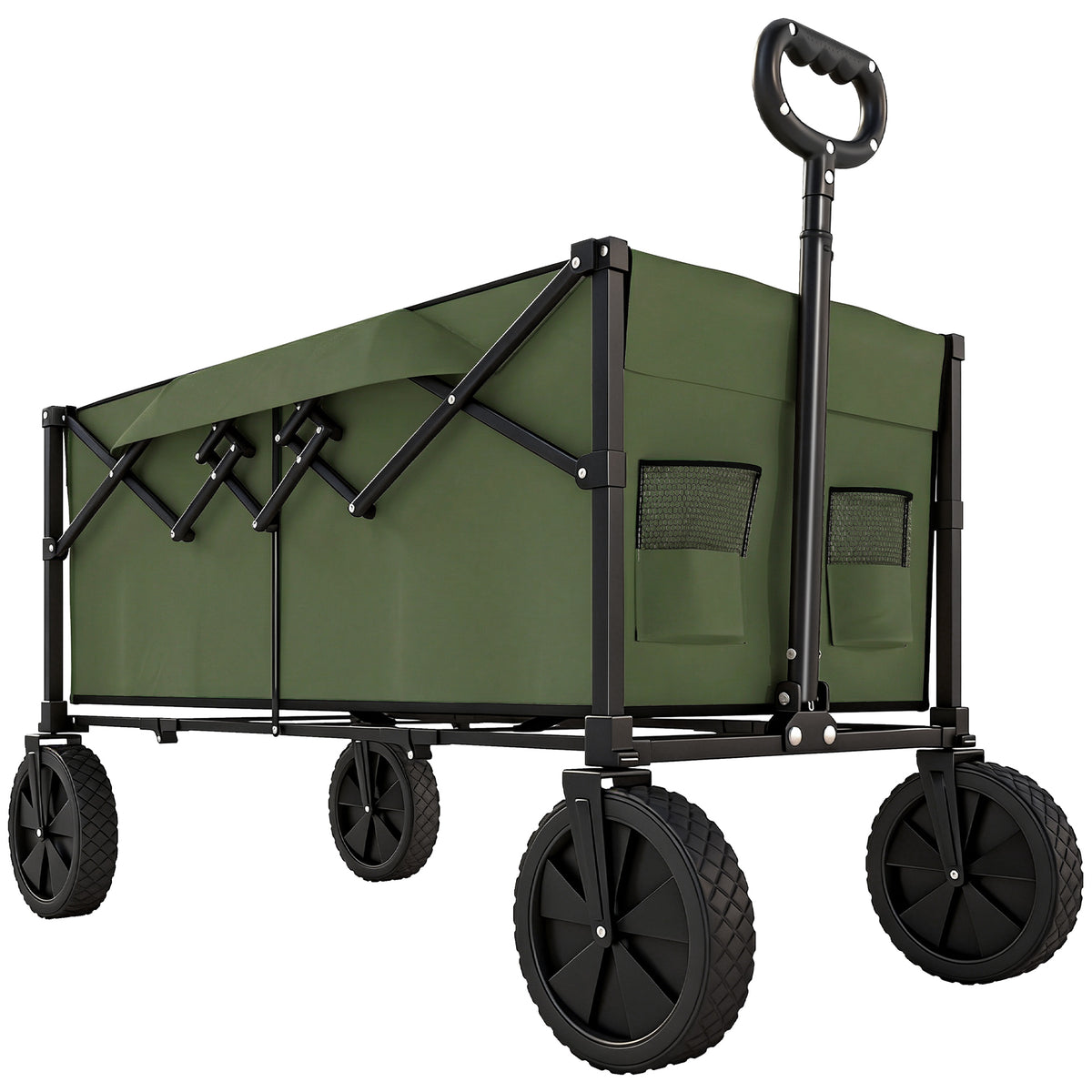 Outsunny 95L Foldable Festival Trolley on Wheels, Collapsible Wagon Cart with Adjustable Handle and 2 Cup Holders, Dark Green Default Title