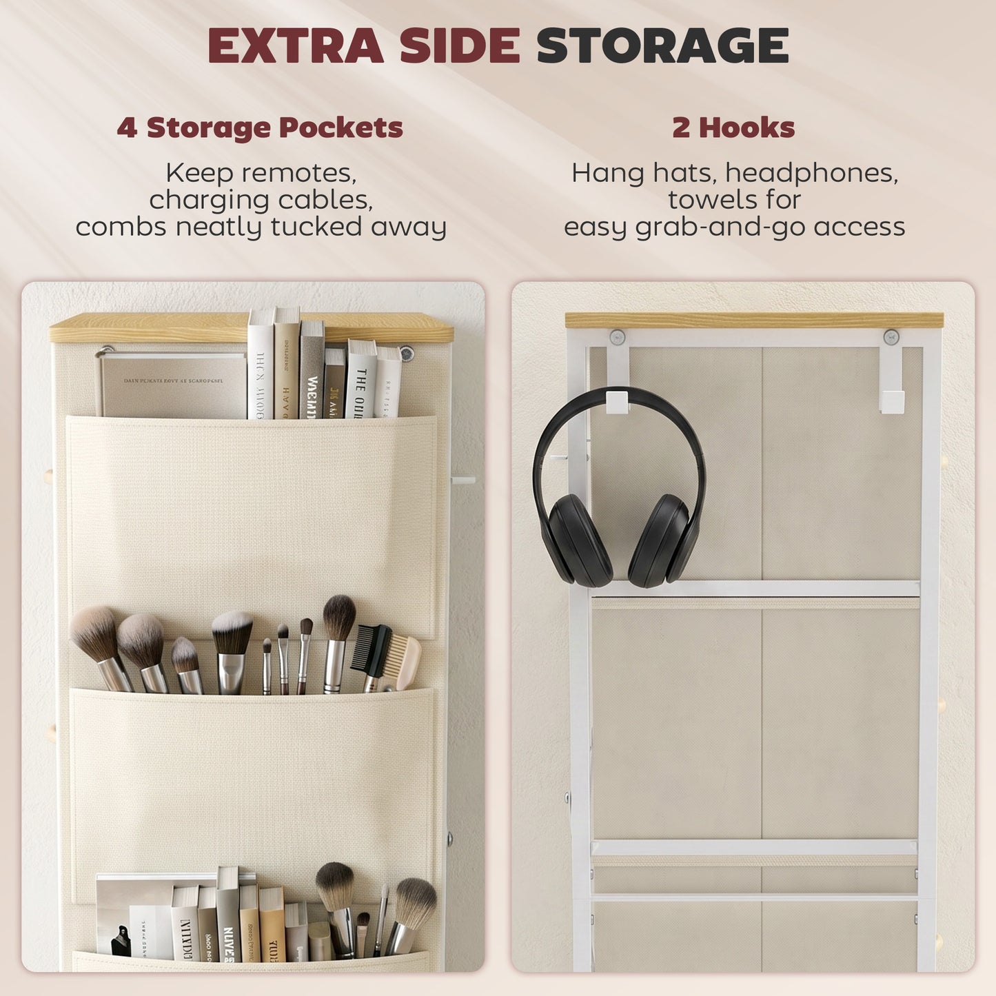 HOMCOM Chest of Drawers, Dresser with 10 Fabric Drawers, Tall Storage Unit with 4 Pockets and 2 Hooks Steel Frame, Beige