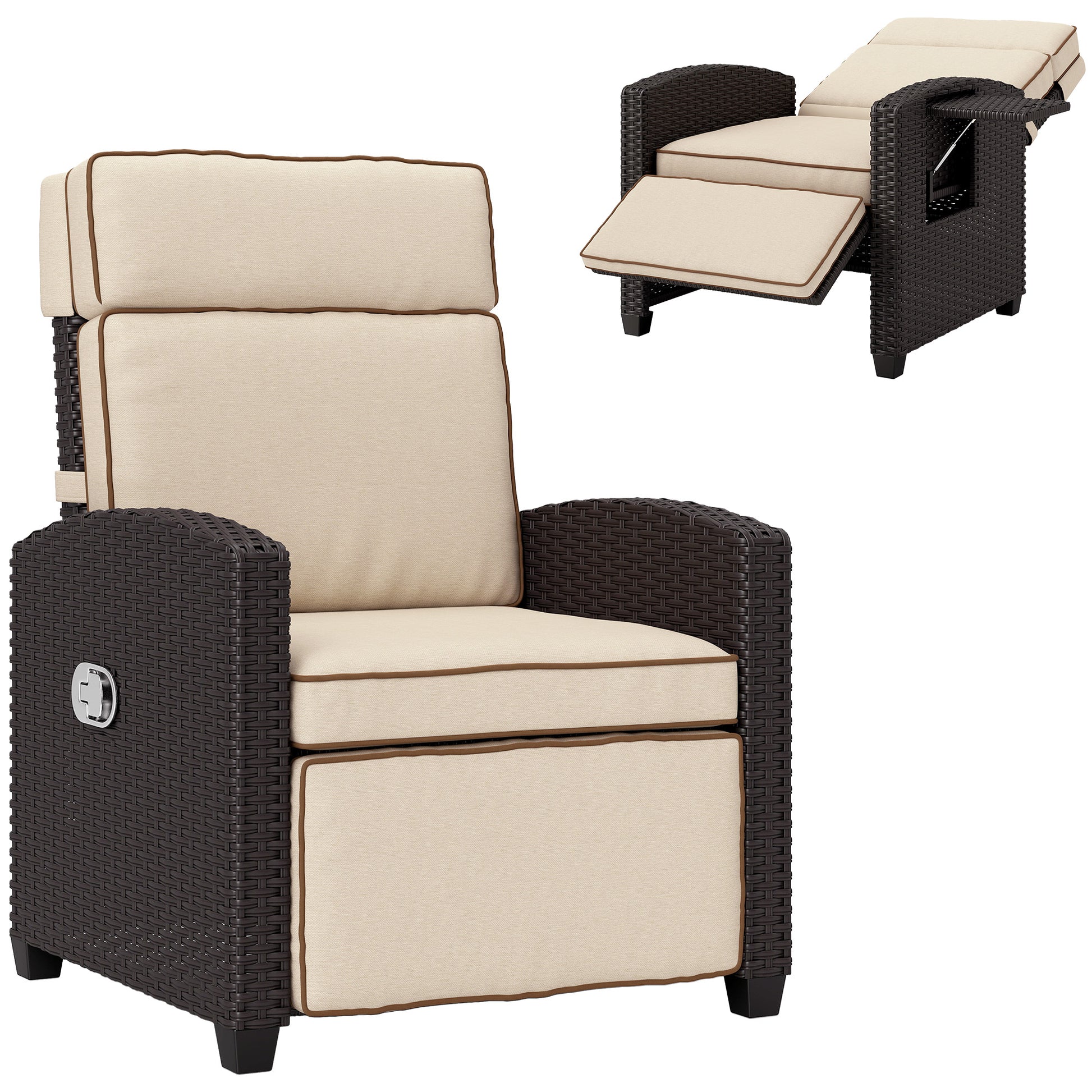 Outsunny 145Â° Reclining Rattan Armchair, with Footrest - Brown/Khaki