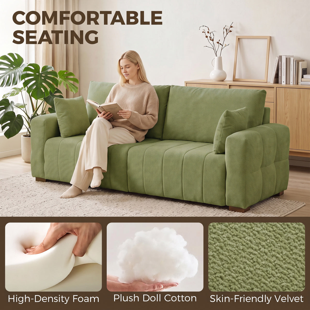 HOMCOM 3 Seater Sofa, Upholstered Velvet Couch for Bedroom with Pillows, Padded Cushion and Wood Legs, Green