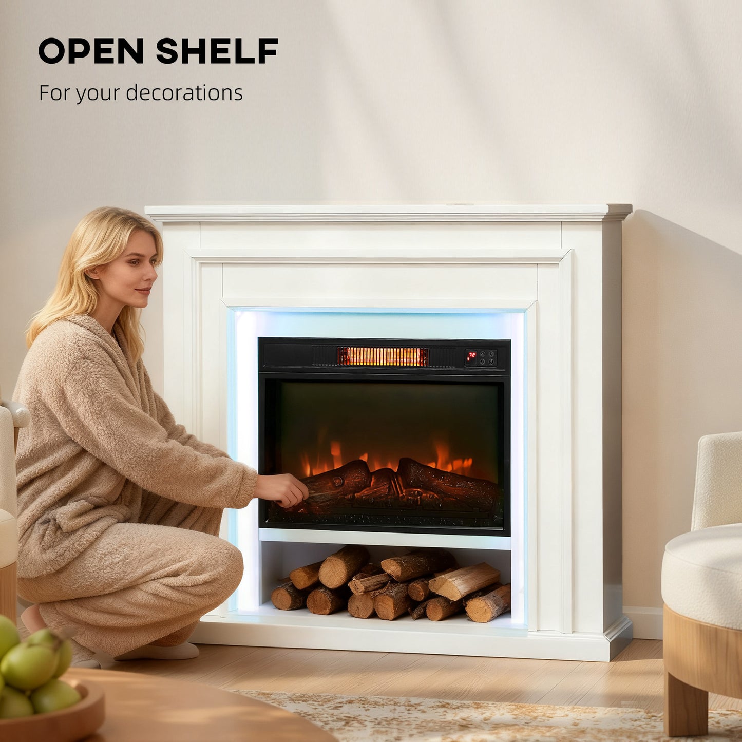 HOMCOM Electric Fireplace with RGB LED Lights, Realistic Flame Effect & 3 Brightness Levels, 1800W Inset Electric Fire and Mantel Reach up to 30 mÂ² Space with Remote & Timer for Living Room, White