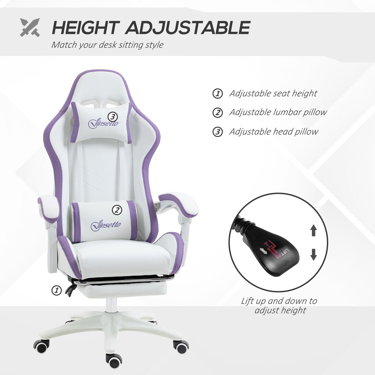 Vinsetto Computer Gaming Chair, PU Leather Office Desk Chair with Footrest, Swivel Wheels, 135Â° Reclining Back, Lumbar Support, Headrest for Home, White and Purple