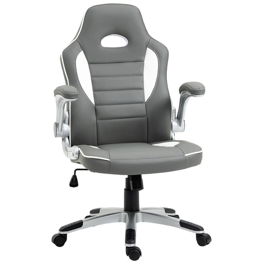 Vinsetto Computer Gaming Chair, Office Desk Swivel Chair, PU Leather Racing Chair with 90Â° Flip-up Armrest, Adjustable Height and Rolling Wheels, Grey