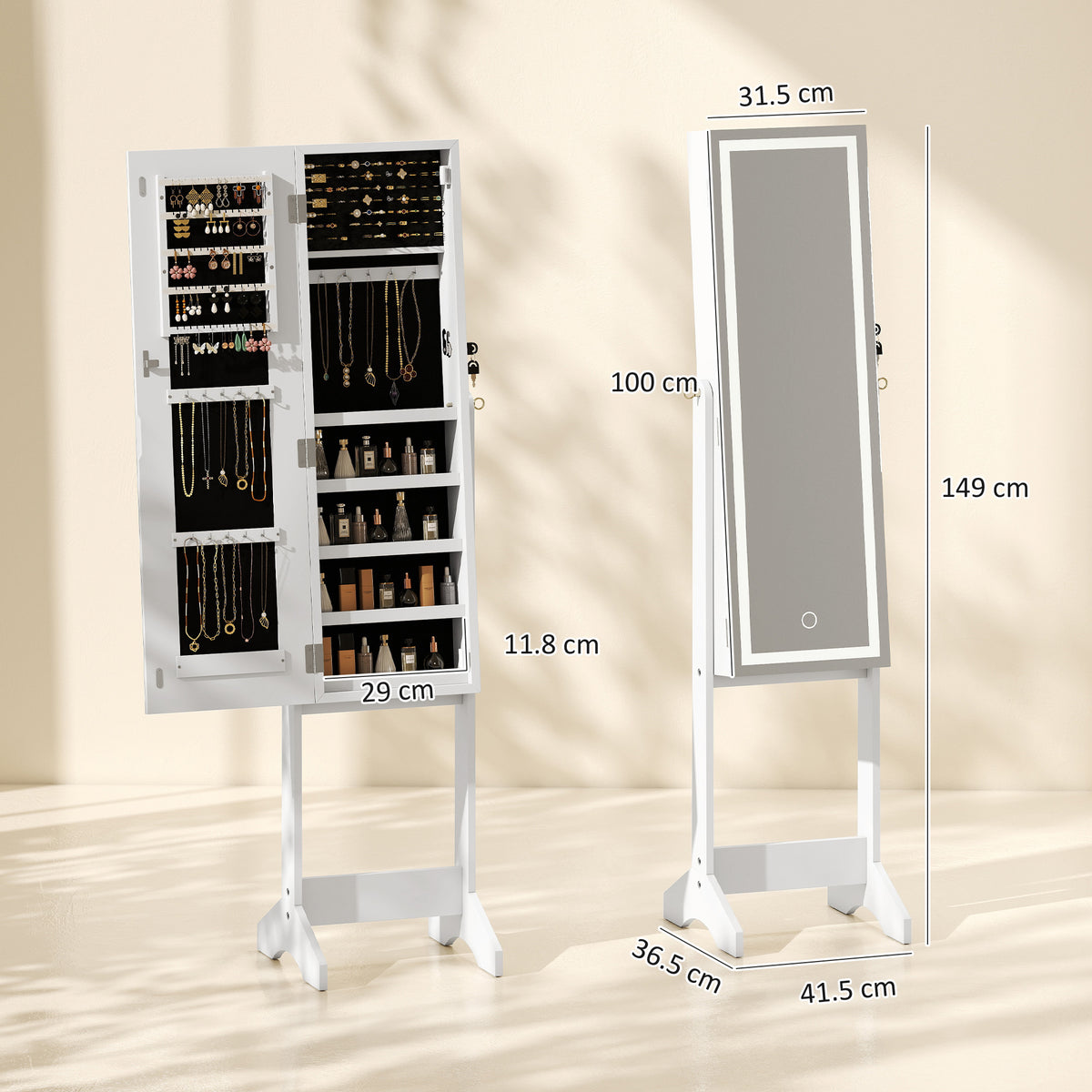 HOMCOM Mirror Jewelry Cabinet with LED Light, Freestanding Lockable Full Length Mirror with Storage, 3 Angles Adjustable, White