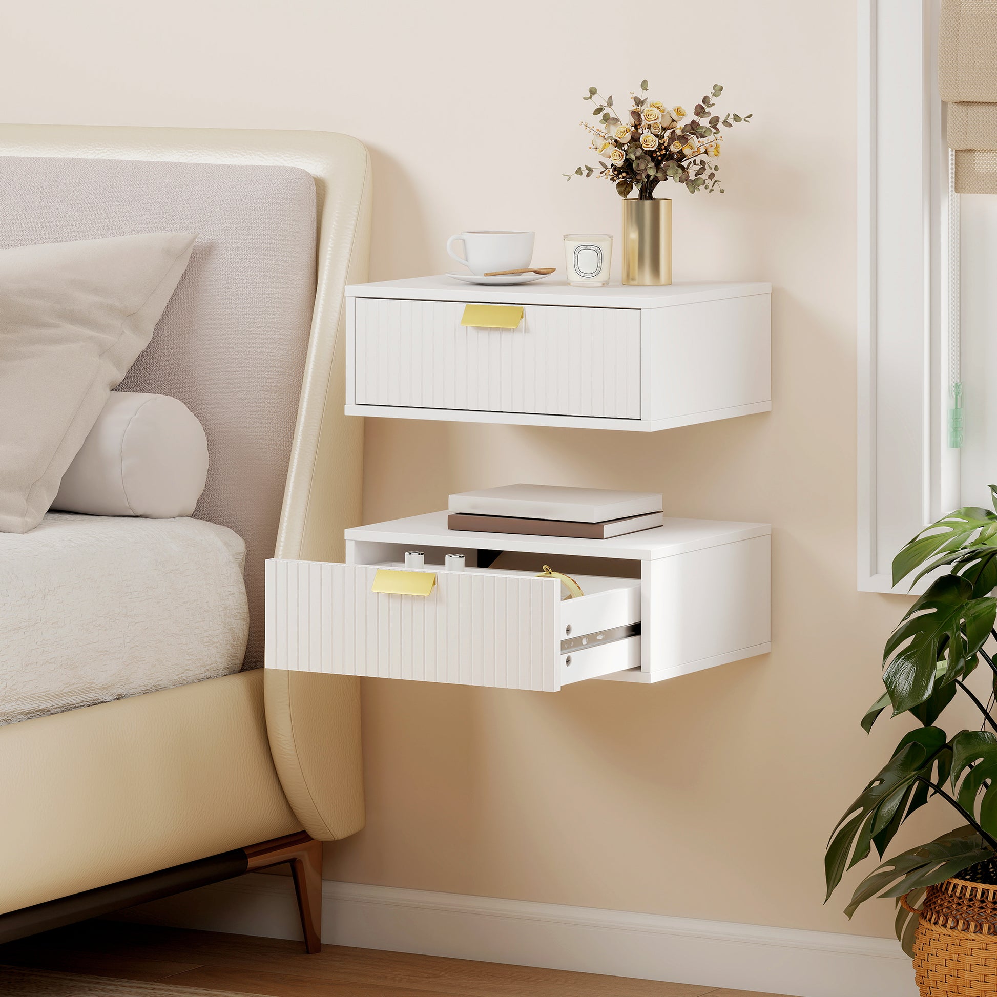 HOMCOM Modern Floating Nightstands Set of 2, Wall Mounted Bedside Tables with Wave Drawer White
