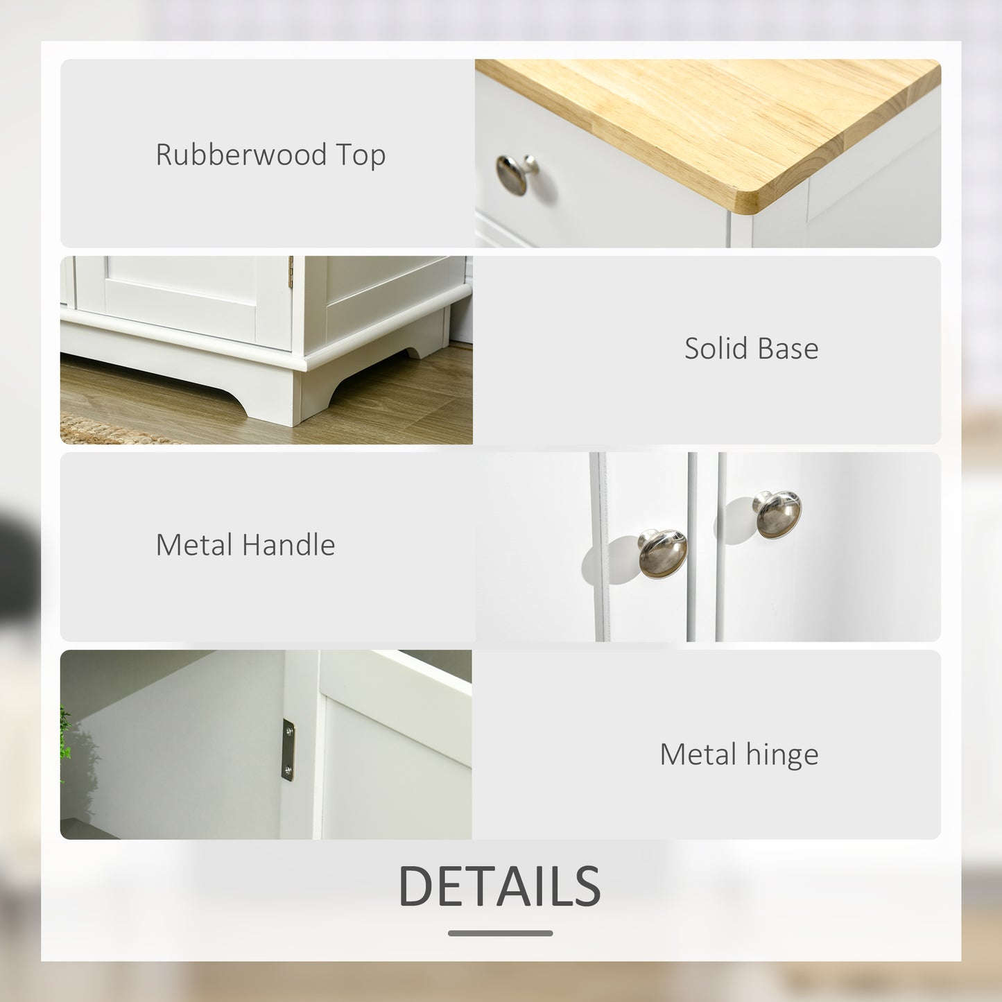 HOMCOM Sideboard with Rubber Wood Top, Modern Storage Cabinet, Kitchen Cupboard with 3 Doors, 3 Drawers and 3 Adjustable Shelves for Dining Room, Living Room, White