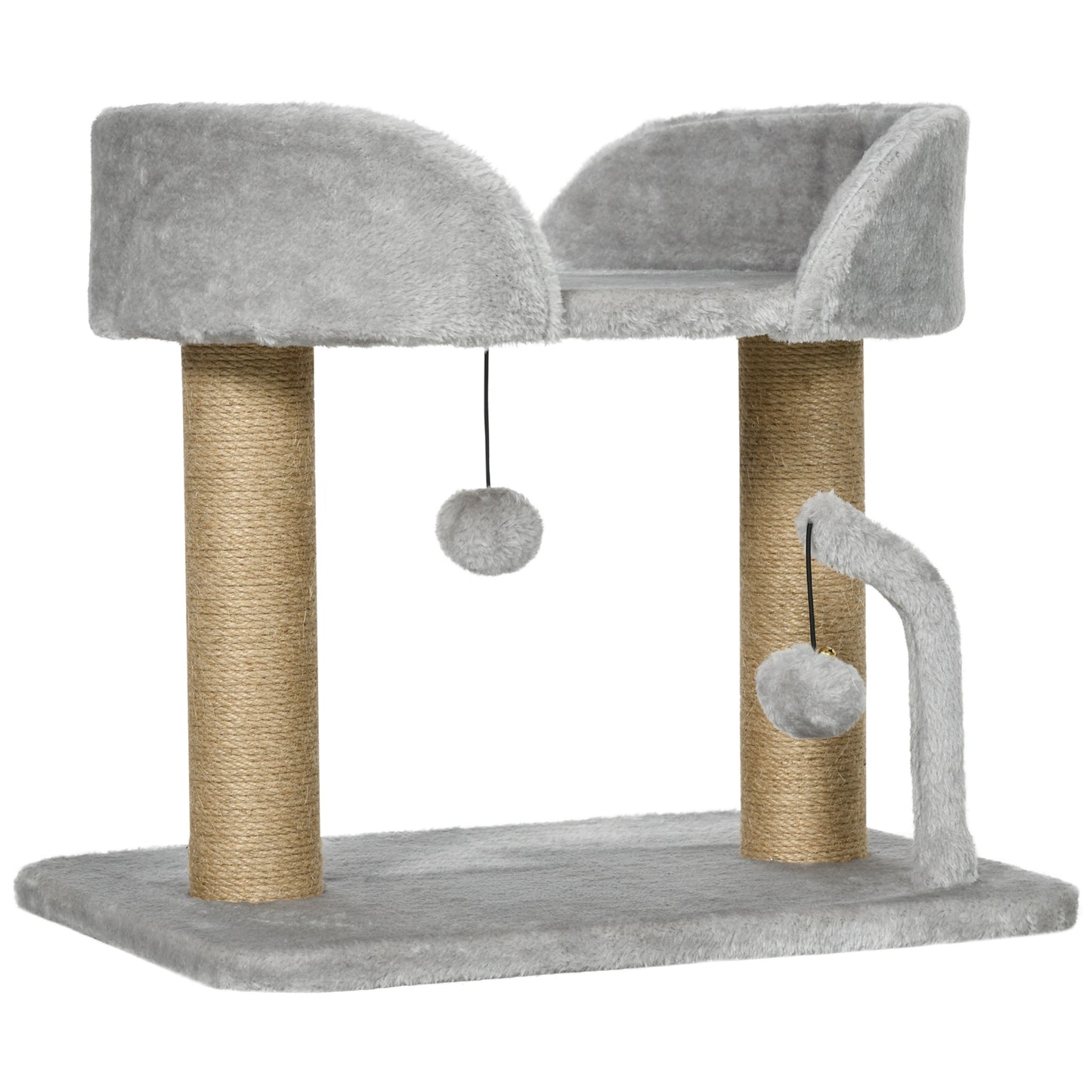PawHut Designer cat tree scratching post with 2 hanging pom-pom toys 2 jute posts plush jute platform 48 x 38 x 42 cm gray