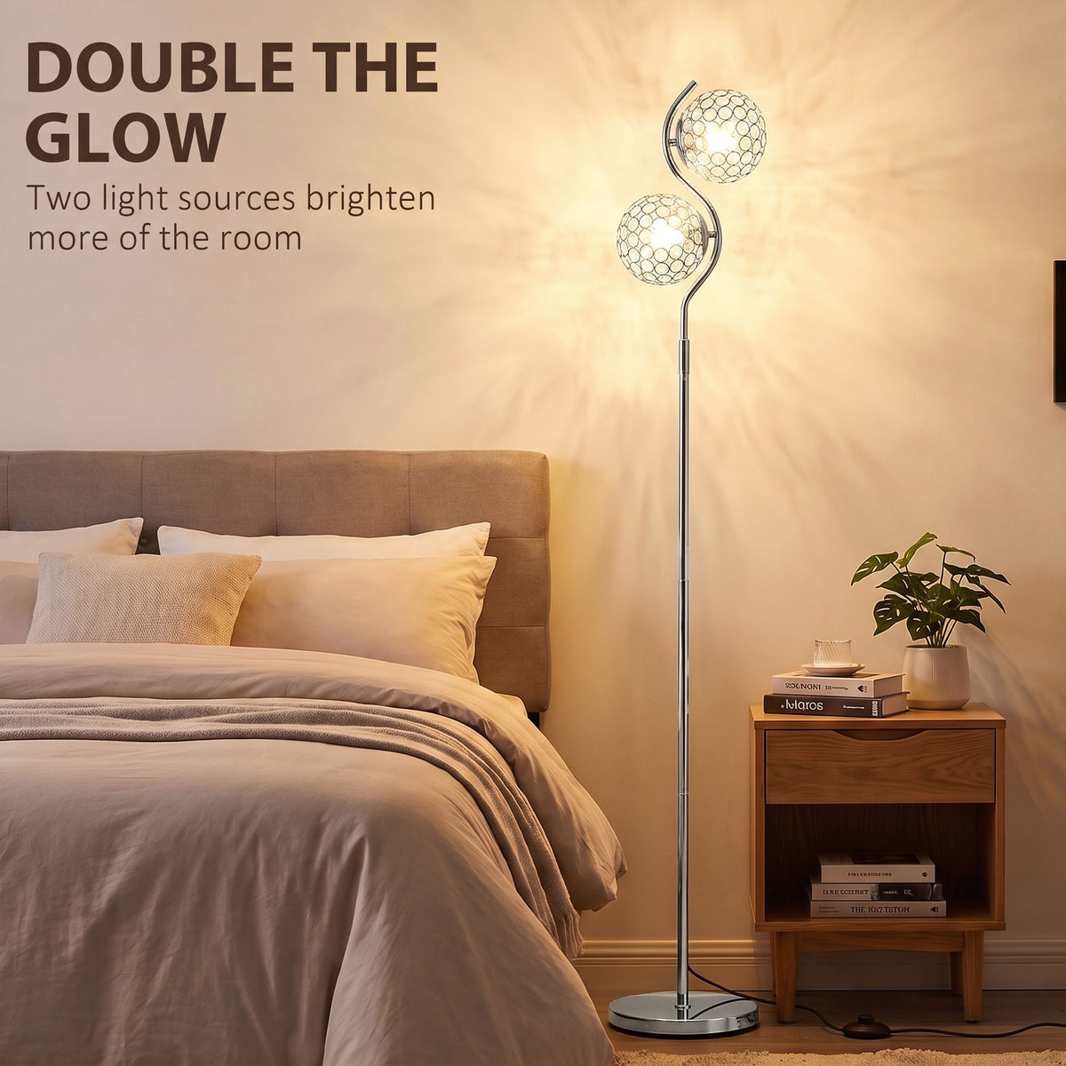 HOMCOM Floor Lamp with Crystal Globe Shades, Modern Dual Head Standing Lamp with Foot Switch and Weighted Base, Silver