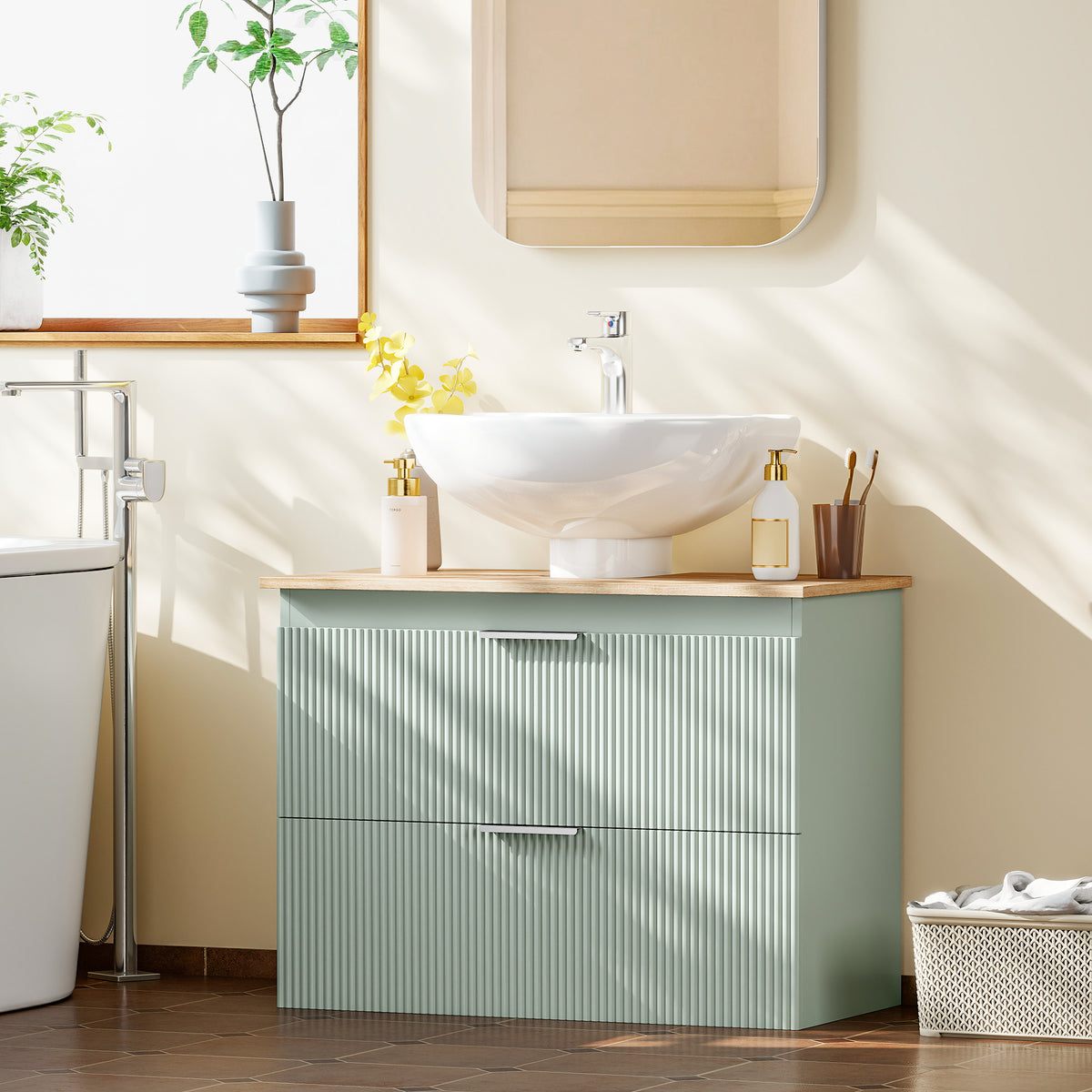 HOMCOM Under Sink Cabinet with 2 Drawers, Under Sink Bathroom Cabinet for Sink with or without Pedestal, Green and Natural Wood