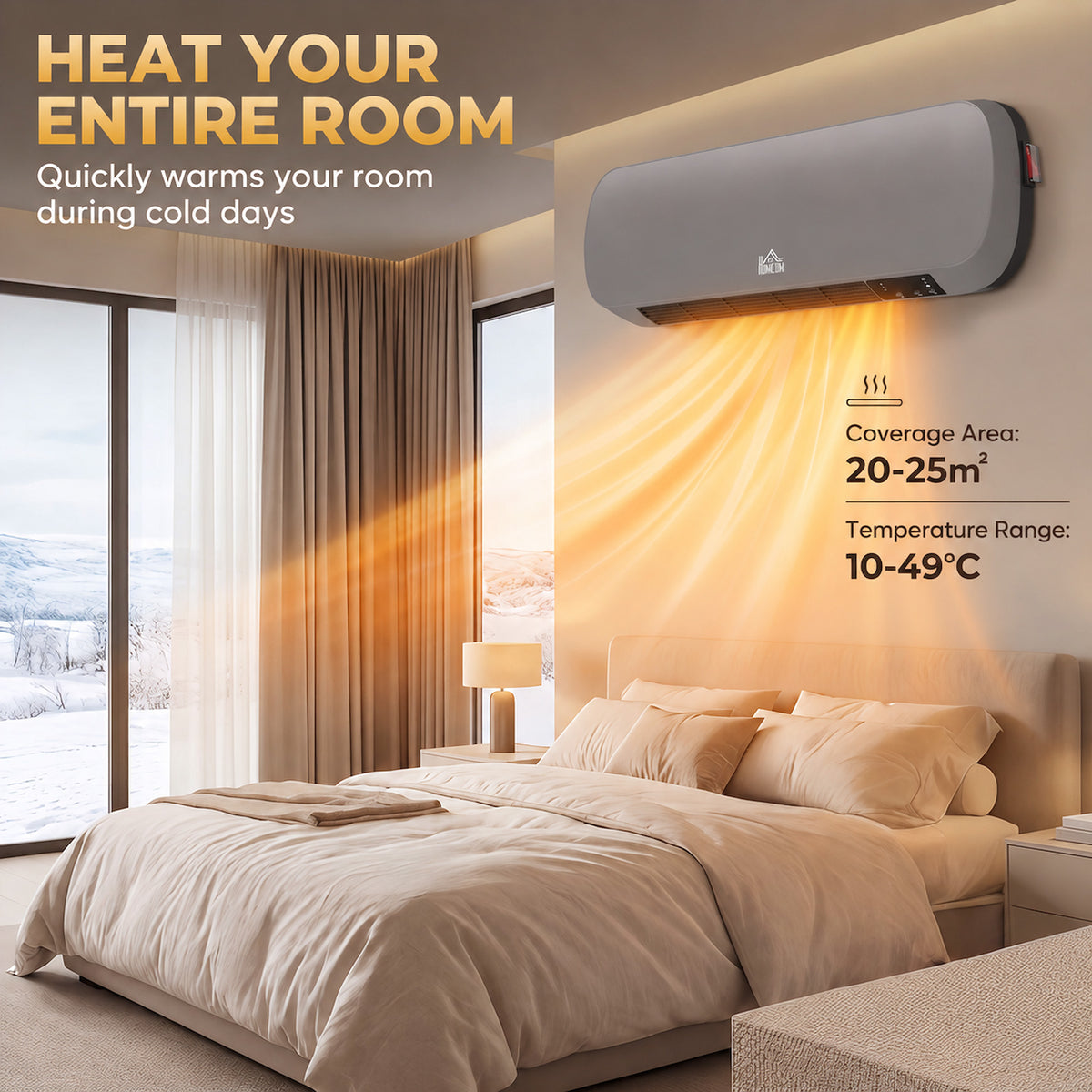 HOMCOM 2000W Ceramic Heater, Wall Mounted Space Heater with 3 Heat Settings, Adjustable Thermostat, Remote Control, Grey