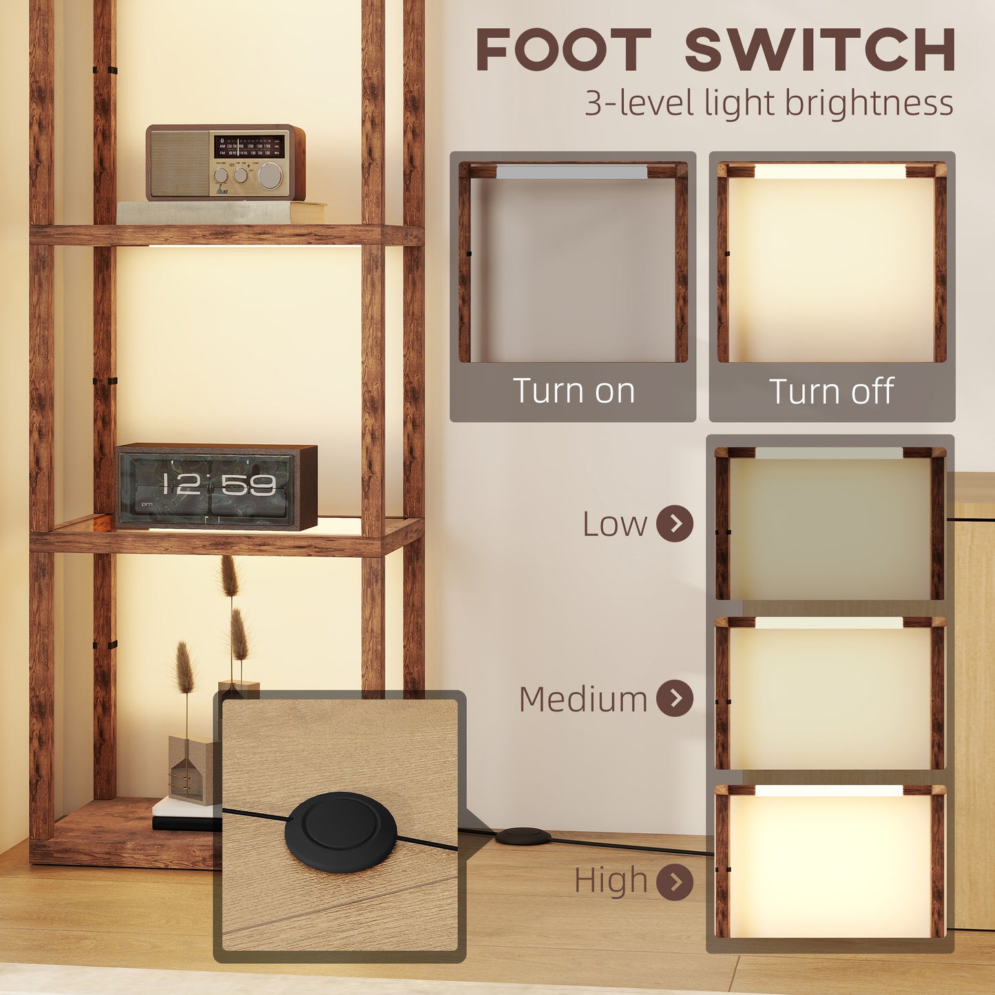 HOMCOM Four-Shelf Floor Lamp - Rustic Brown