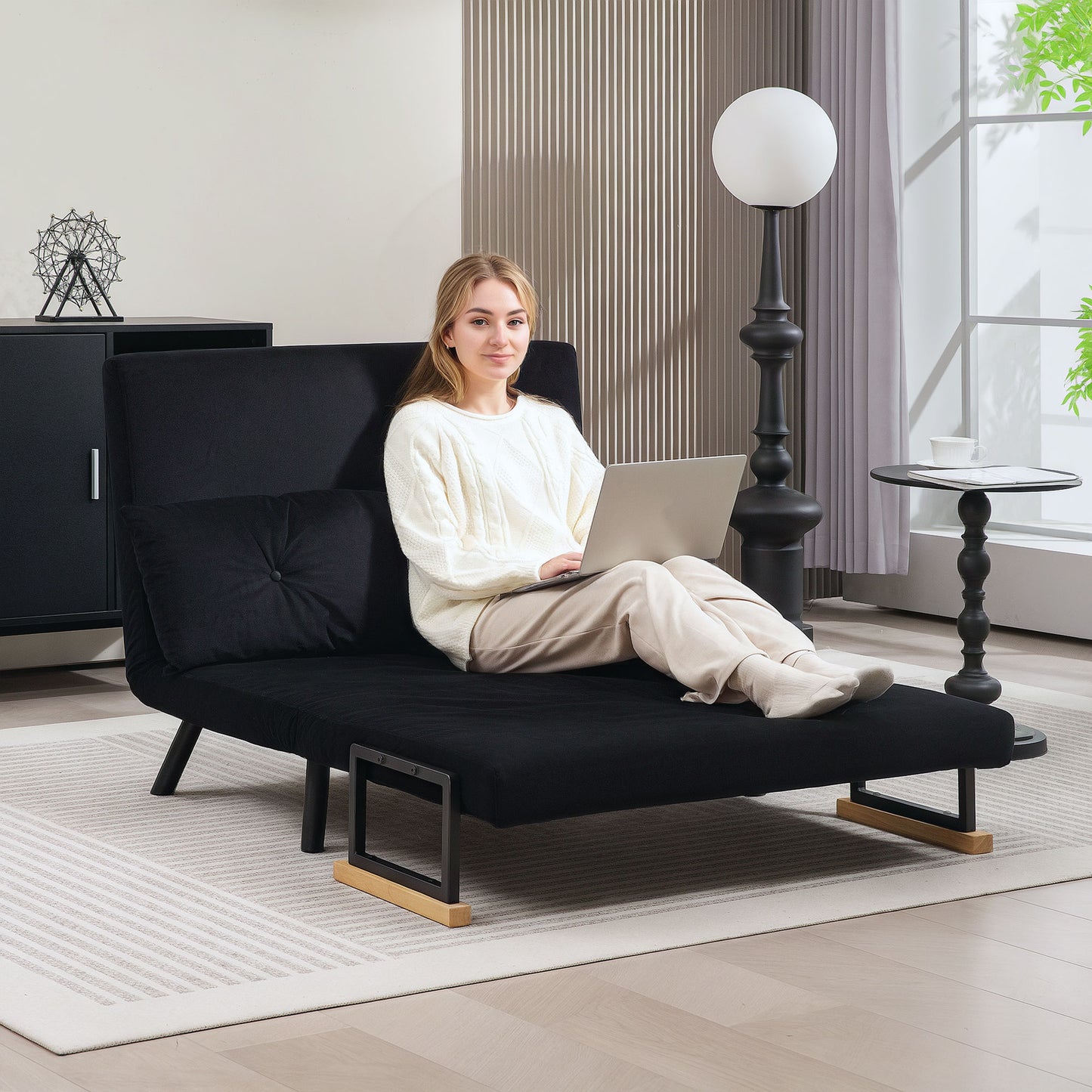 HOMCOM 4-in-1 Velvet-Feel Double Sofa Bed, with Pillows - Black