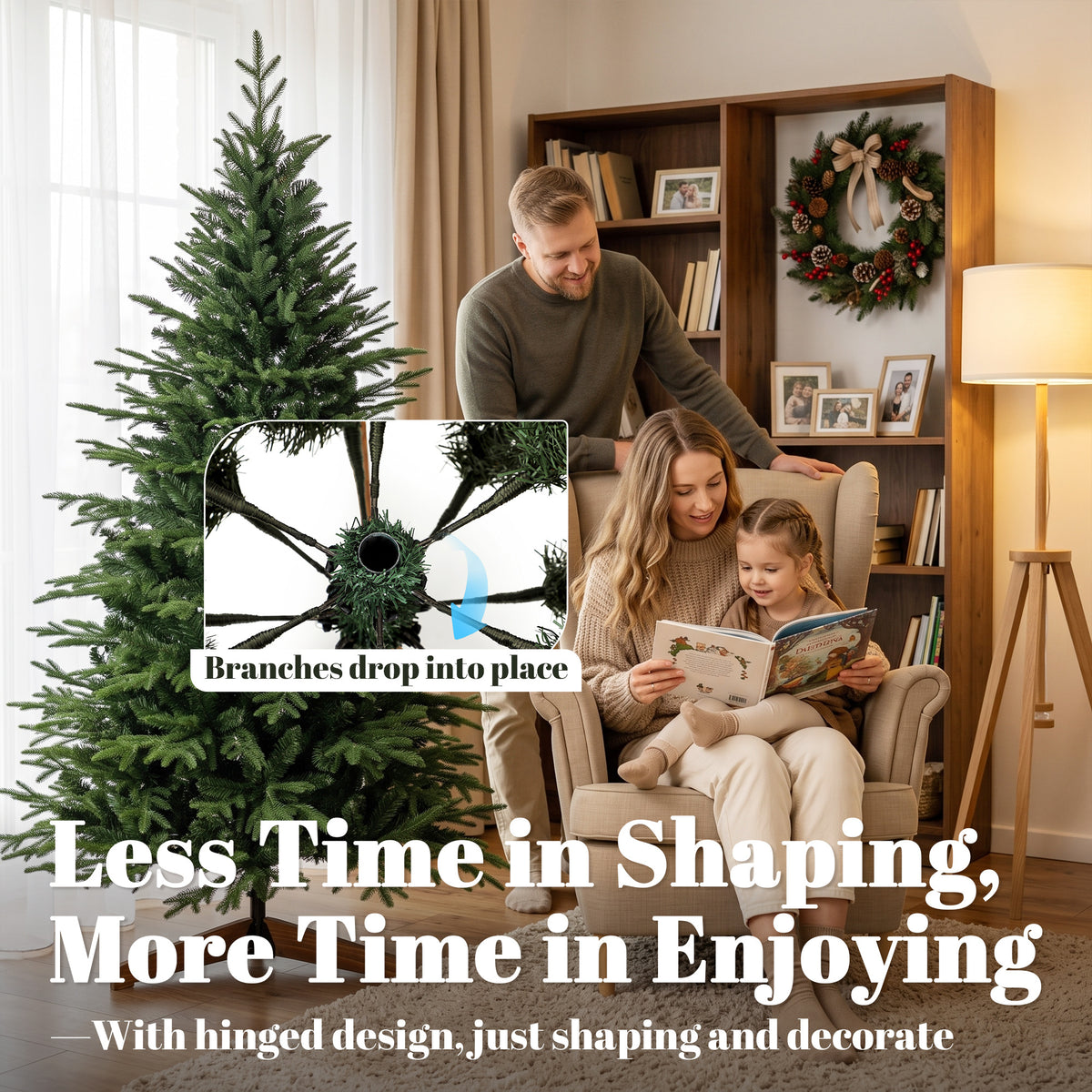 HOMCOM 180 cm Artificial Christmas Tree Full Hinged Xmas Tree Solid Pine Wood Stand, Green