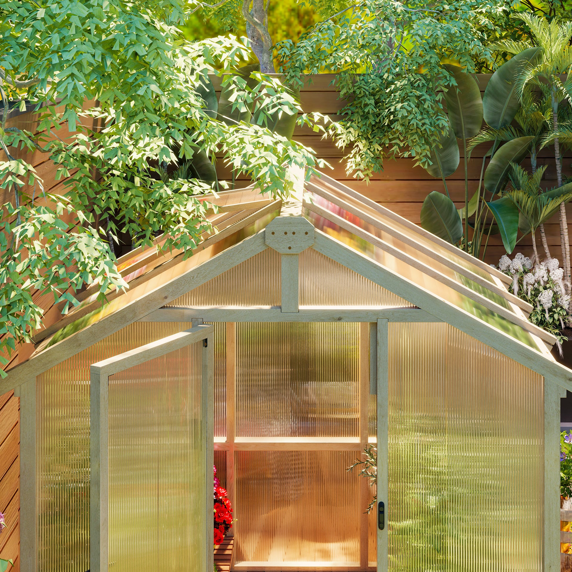 Outsunny 6.6 x 6ft Polycarbonate Greenhouse, Walk-in Wooden Greenhouse with Lockable Door and Window, Garden Plants Grow House, Brown