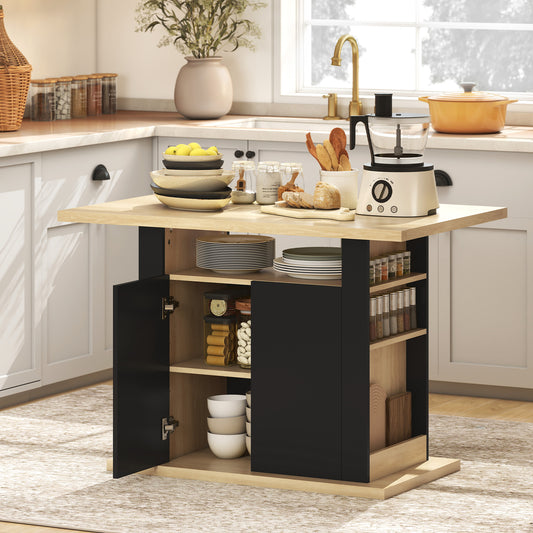 HOMCOM Kitchen Island with Spice Rack, Kitchen Storage with Large Tabletop for 4 People, Adjustable Shelves Black & Natural
