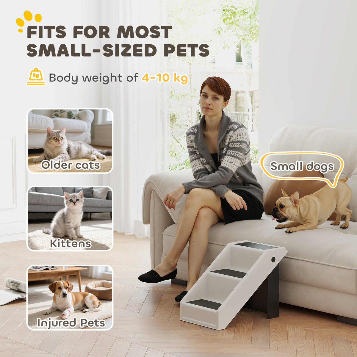 PawHut Foldable Dog Steps, Lightweight Portable Pet Stairs with 3 Non-Slip Steps for Beds or Sofas, Cream White