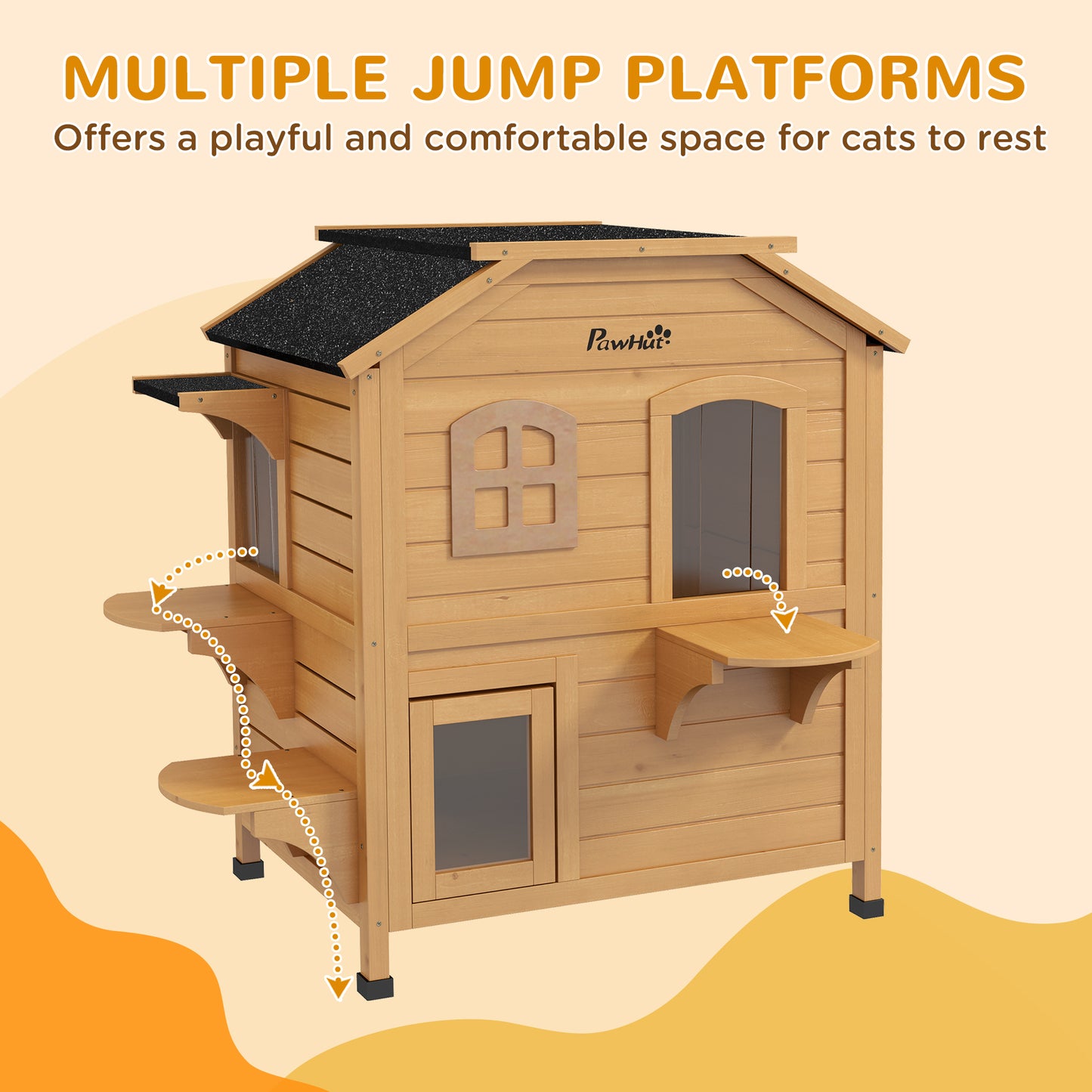PawHutÂ 2-story Cat House Outdoor, WeatherproofÂ Wooden Cat Enclosure for Feral Cats with Escape Door, Openable Roof, Jumping Platforms, Natural Wood Finish