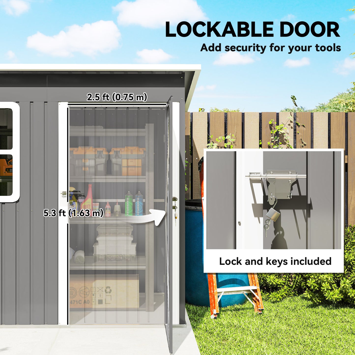 Outsunny 7 x 4ft Eco-friendly Galvanised Steel Garden Shed, with Lock and Gloves, 40kg/ãŽ¡ Snow Capacity - Grey