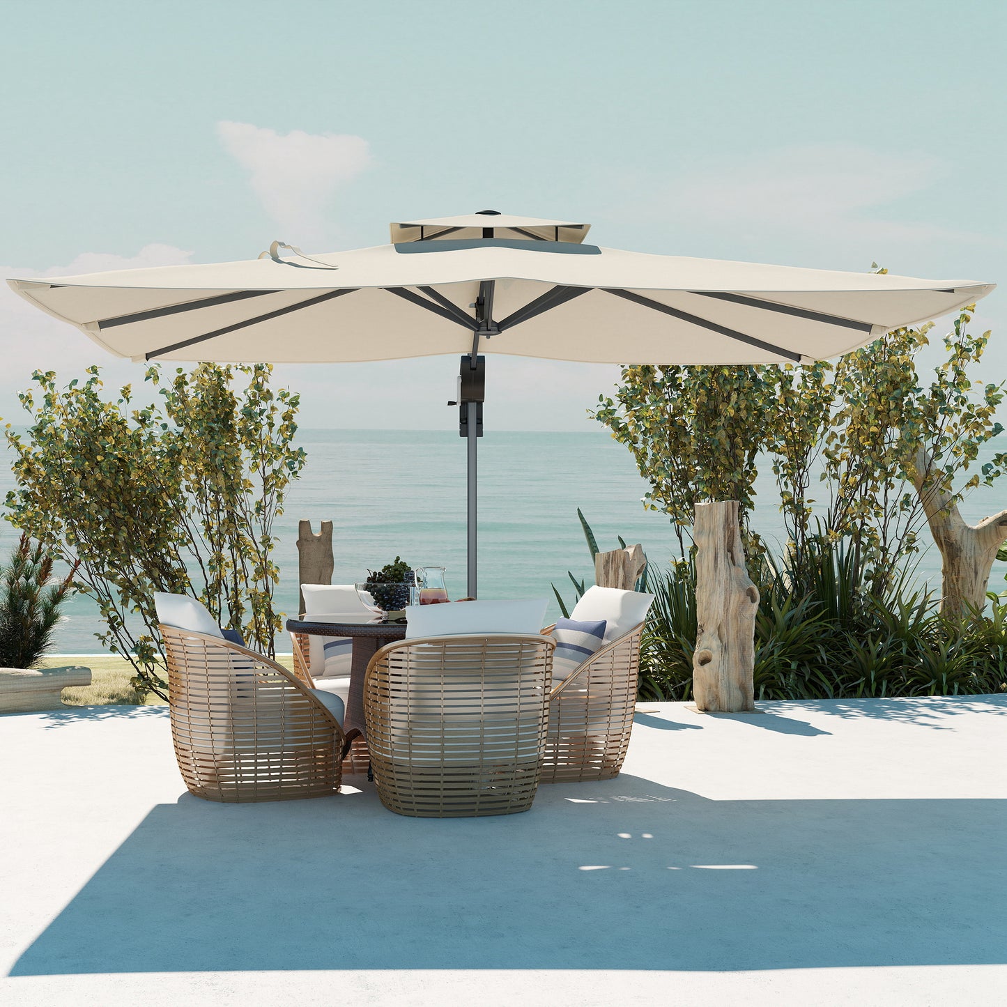 Outsunny 3.7 x 2.7 m Cantilever Parasol w/360° Rotation and Easy Tilt Adjustment, Aluminium Hanging Offset Outdoor Umbrella w/Double Top, Cross Base, UPF50+ Hanging Sun Shade, Grey Wood Effect Pole