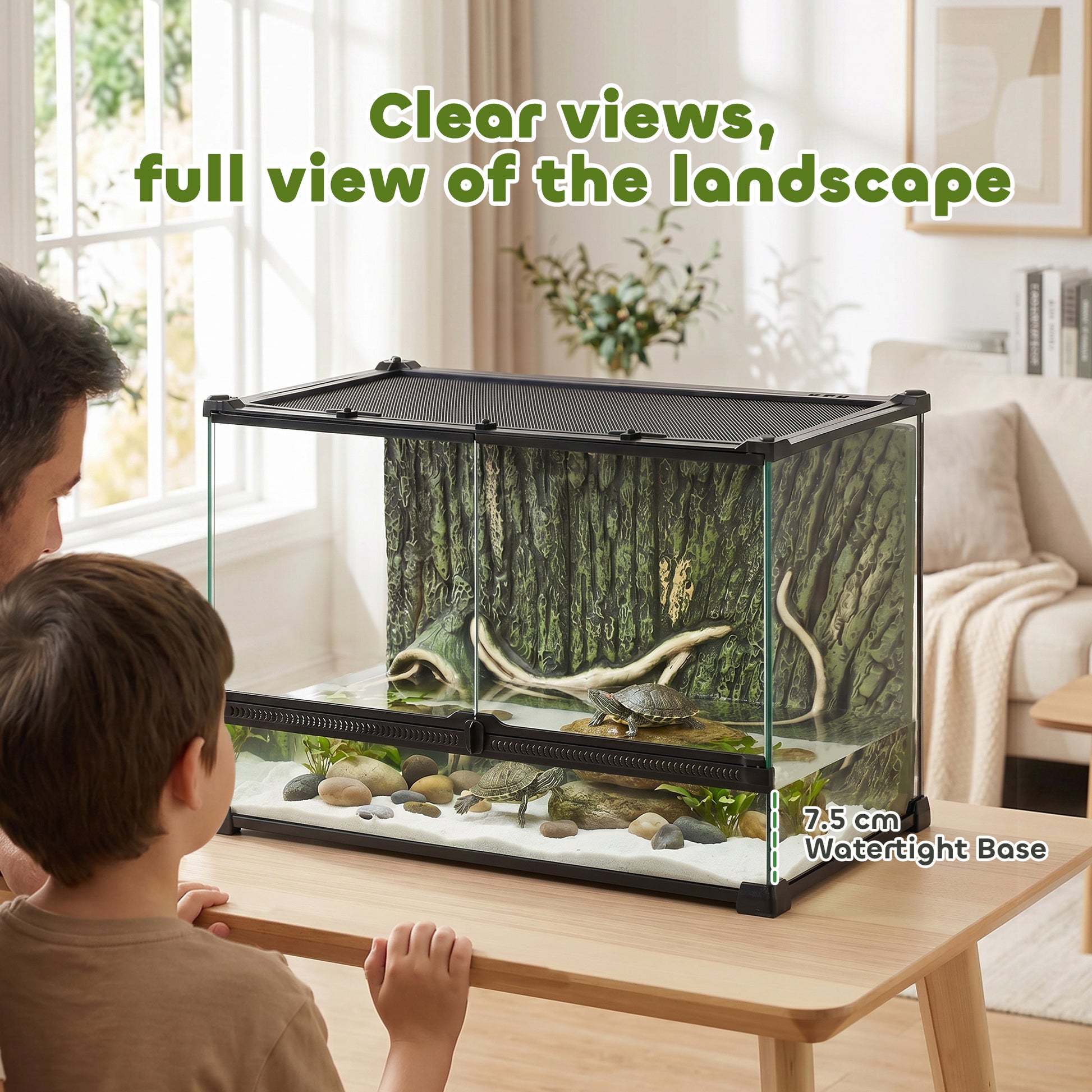 PawHut Reptile Glass Terrarium with Stone Background, Front Ventilation, Escape-Proof Knob Lock, 50 x 30 x 35 cm, Black
