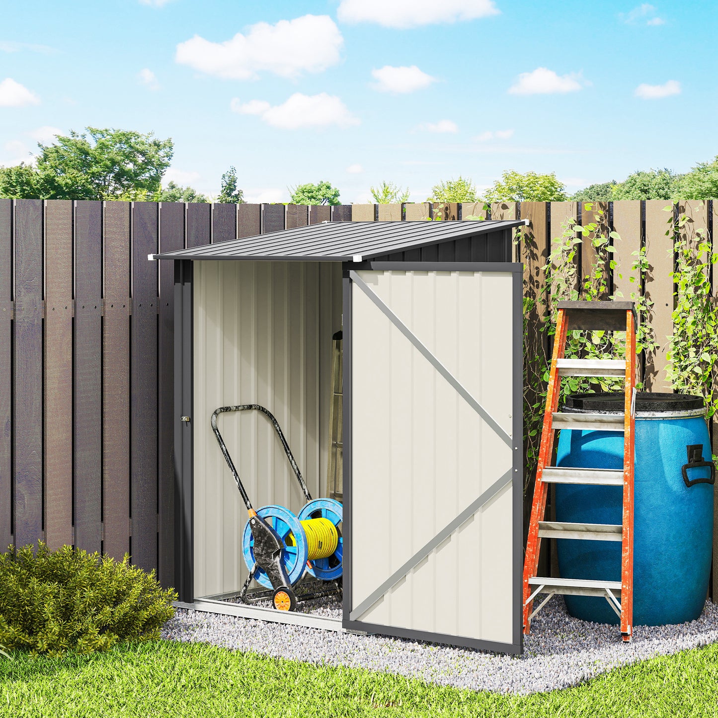 Outsunny 3.3 x 3.4ft Lean To Steel Garden Shed, with Locking Door - Dark Grey