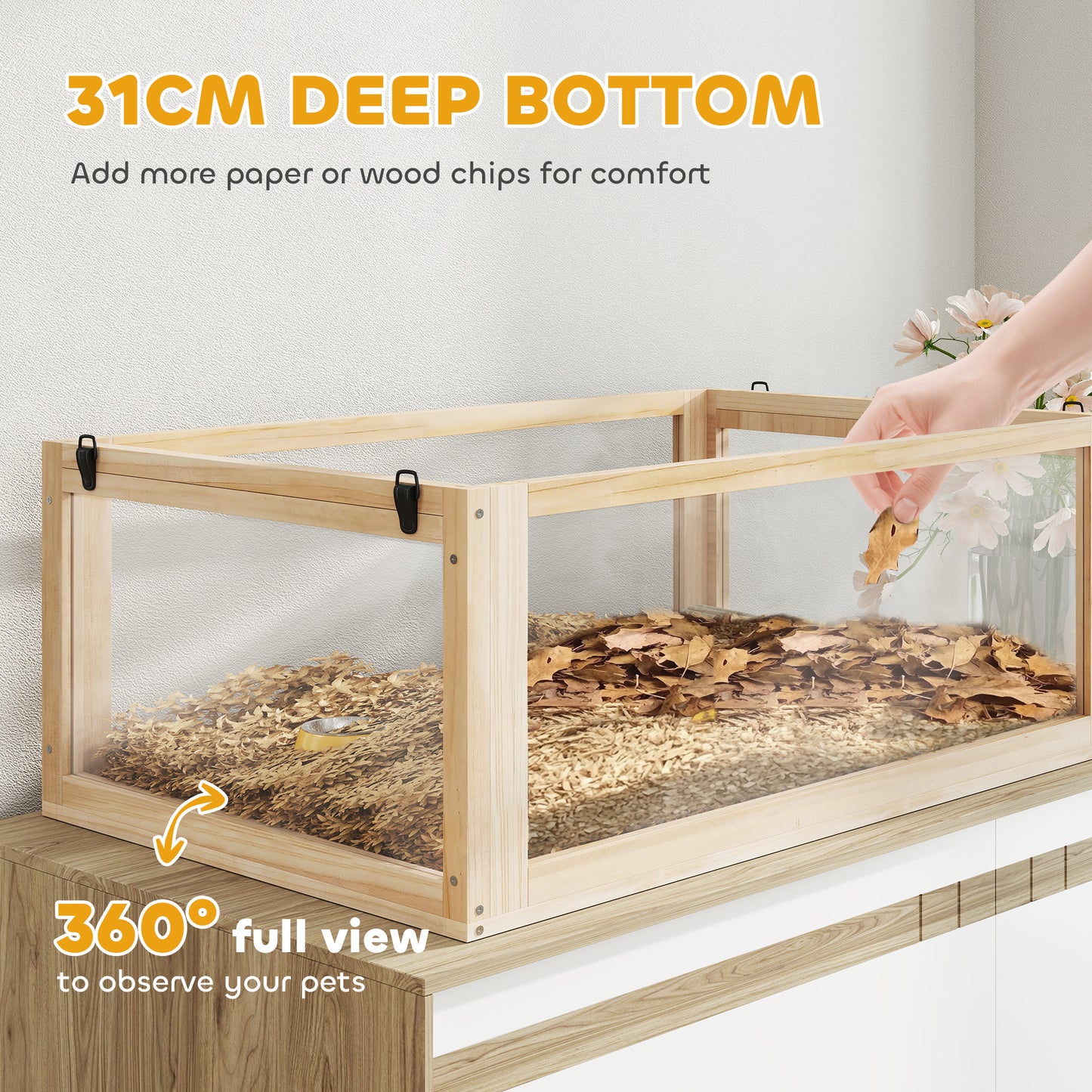 PawHut Wooden Hamster Cage with Detachable 31cm Deep Bottom, Hut, Seesaw, Exercise Wheel, Ramp, 80 x 50 x 76cm, Natural