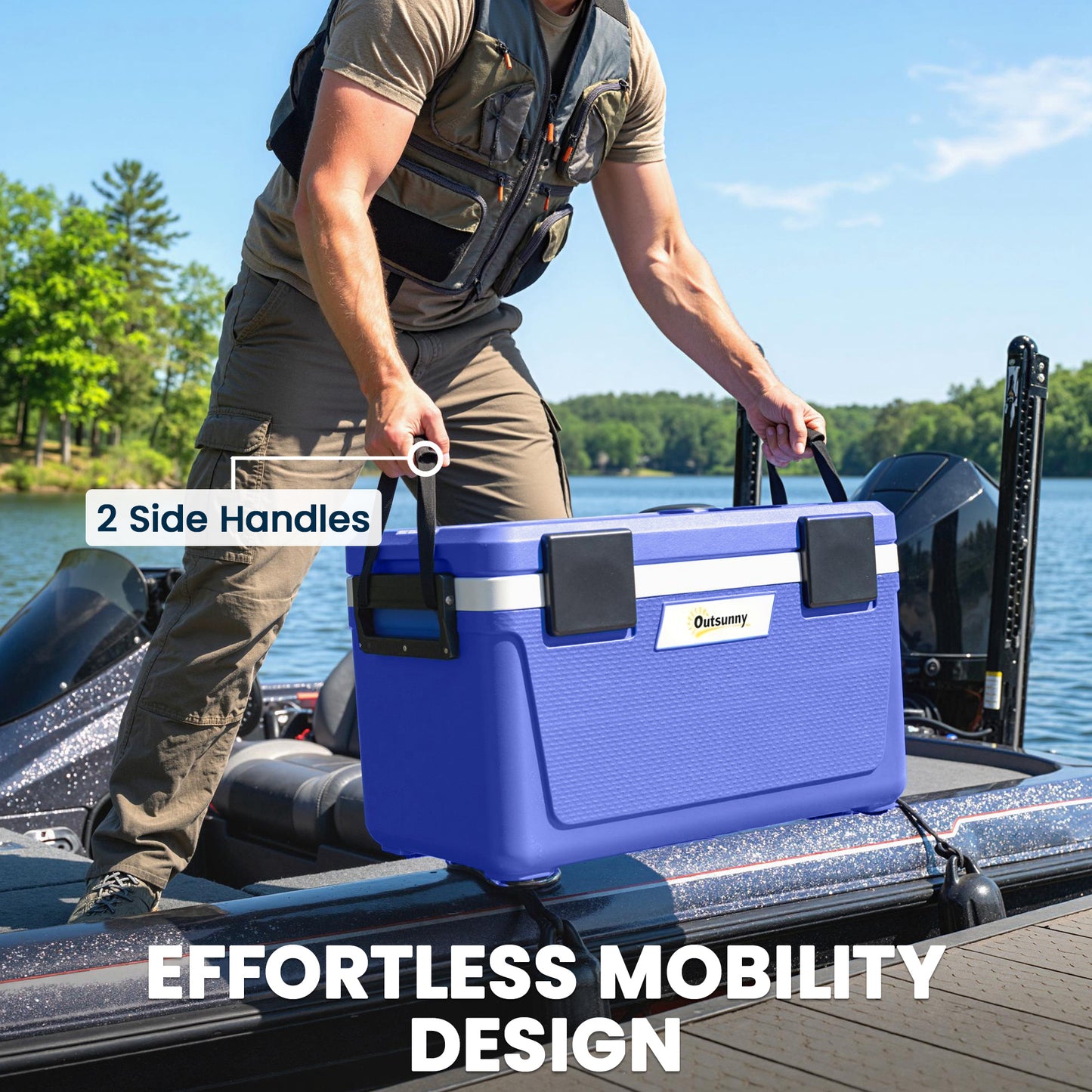 Outsunny 42.6L Insulated Cool Box, Lightweight Portable Ice Cooler with Handle, Lid and Drain Valve, Dark Blue