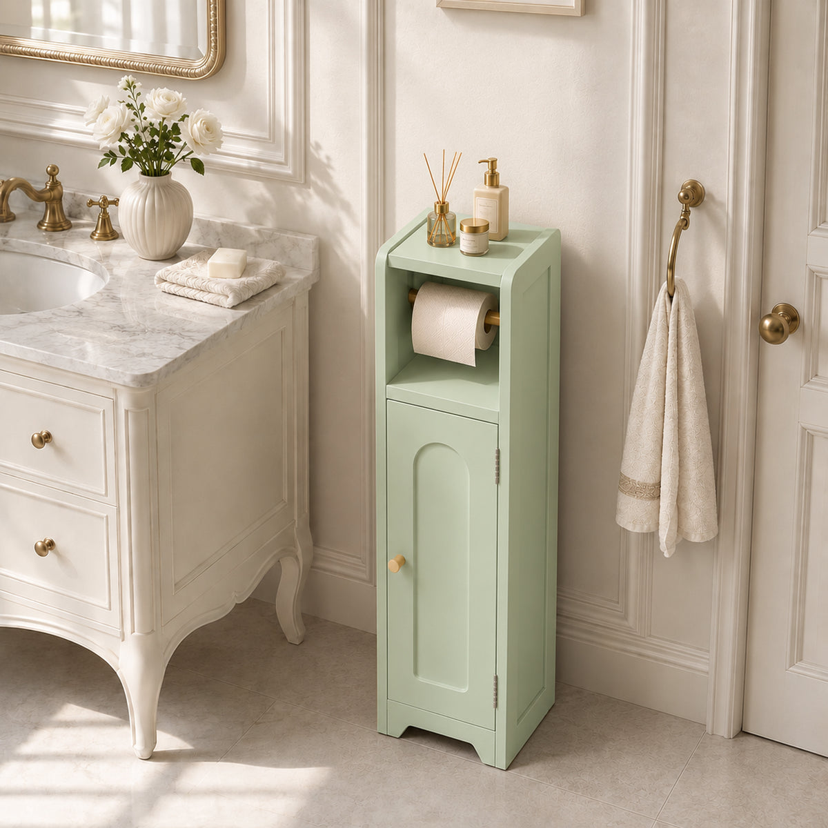 HOMCOM Small Bathroom Storage Cabinet with Toilet Roll Holder - Light Green