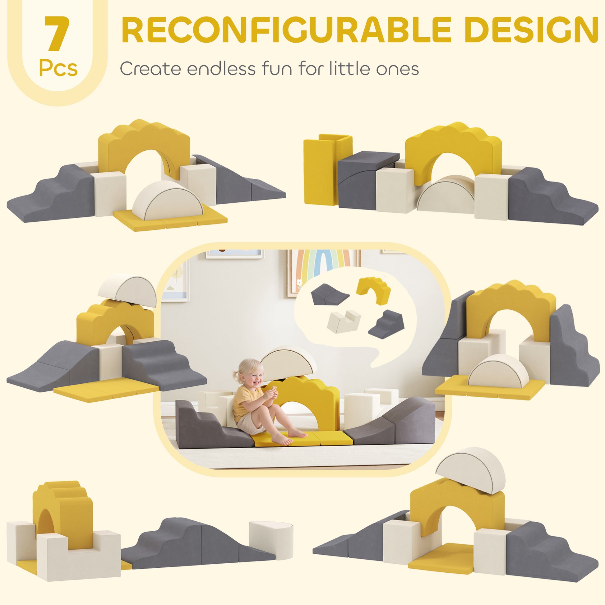 AIYAPLAY 7 Piece Kids Soft Play Set with Detachable Cover, Baby Indoor Climb and Crawl Foam Toy for Toddlers, Yellow