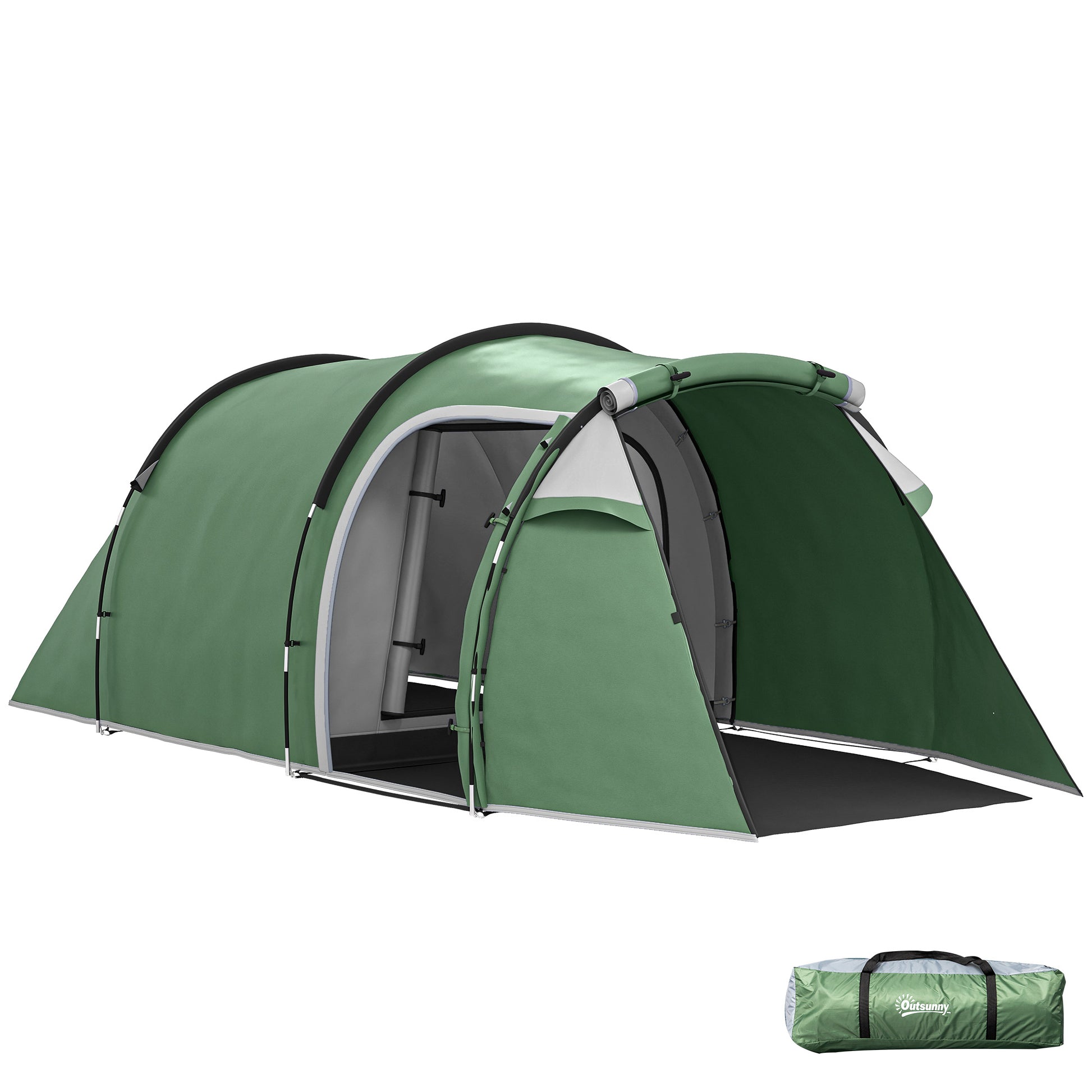 Outsunny 2 Man Tunnel Tent with Sewn-in Groundsheet, Air Vents, Rainfly, 2000mm Large Camping Tent with Bedroom, Porch, Living Area for Camping, Hiking, 426L x 206W x 154H cm, Dark Green