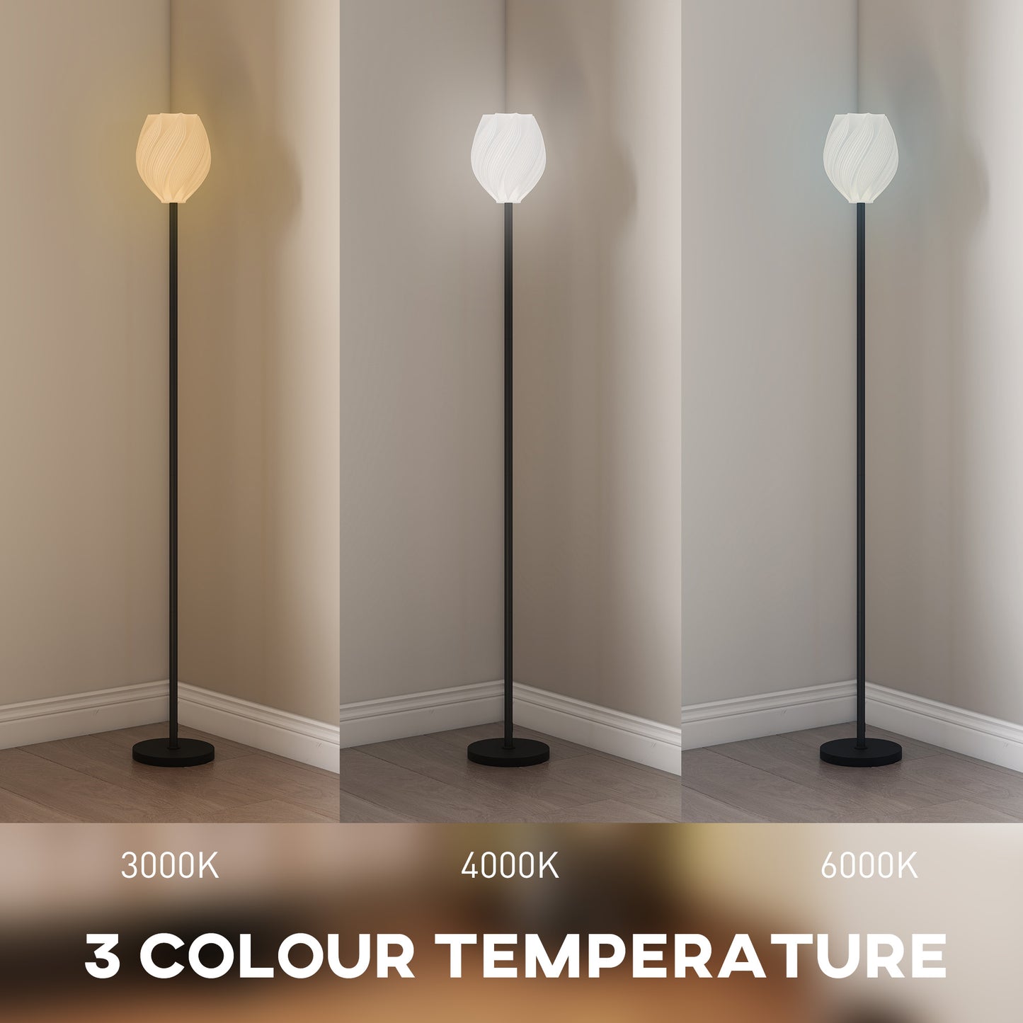 HOMCOM Flower Floor Lamp for Living Room, 3D Printed Modern Standing Lamp with Rose Shade, 3 Colour Temperature & Foot Switch, Minimalist Tall Pole Lampshade for Bedroom, Office, White
