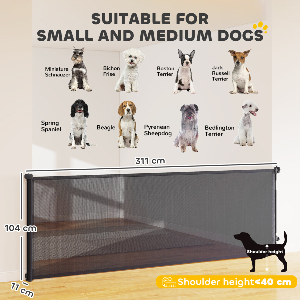 PawHut Retractable Dog Gate, Extends to 300 cm Wide & 104 cm Tall, Mesh Pet Gate Single Hand Operation, for Stairs Doorways