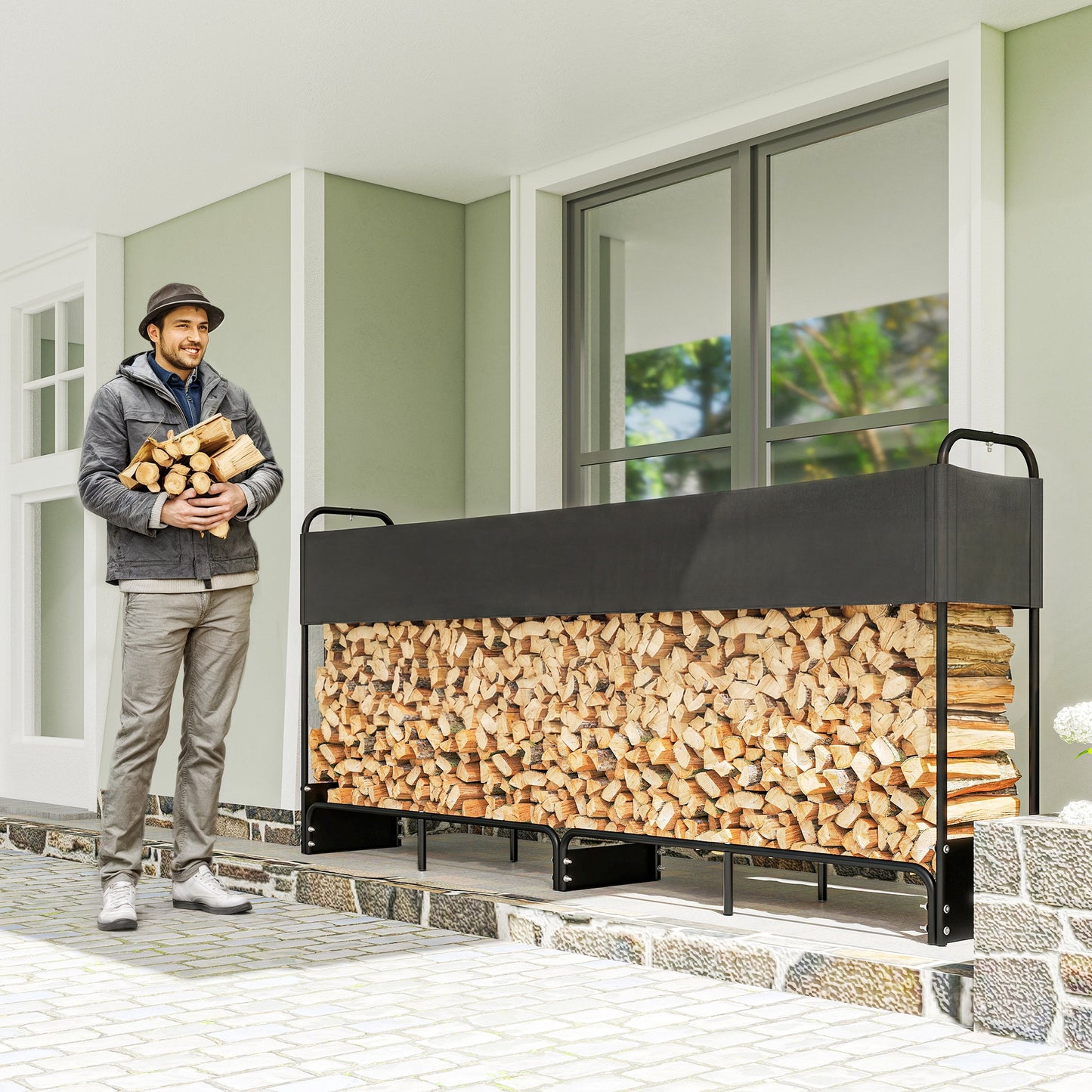 Outsunny 8.5ft Firewood Rack, Heavy Duty Log Storage Holder with Waterproof 600D Oxford Log Cover for Fireplace Fire Pits Outdoor Patio Wood Storage, 500 kg Large Capacity, Black