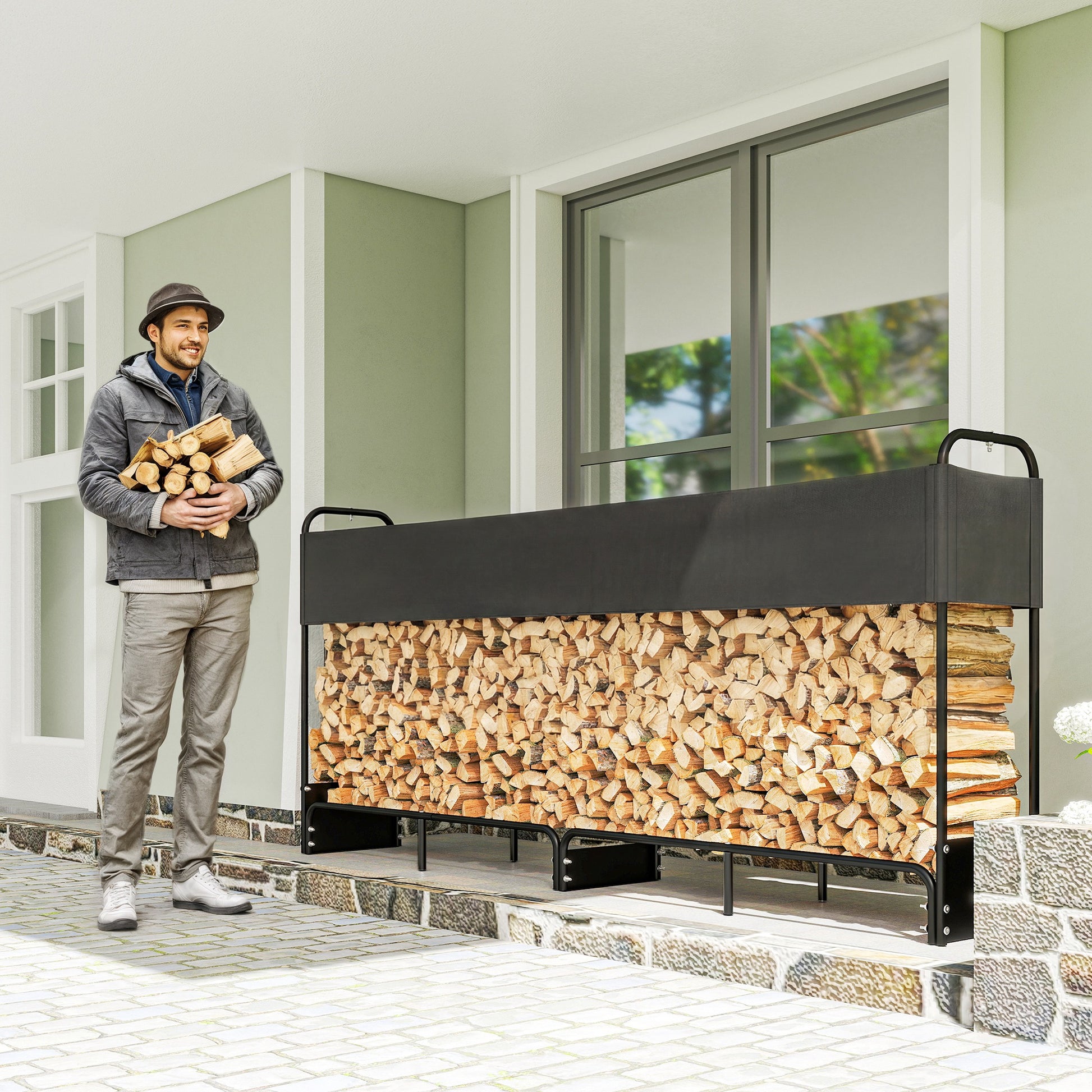 Outsunny 8.5ft Firewood Rack, Heavy Duty Log Storage Holder with Waterproof 600D Oxford Log Cover for Fireplace Fire Pits Outdoor Patio Wood Storage, 500 kg Large Capacity, Black