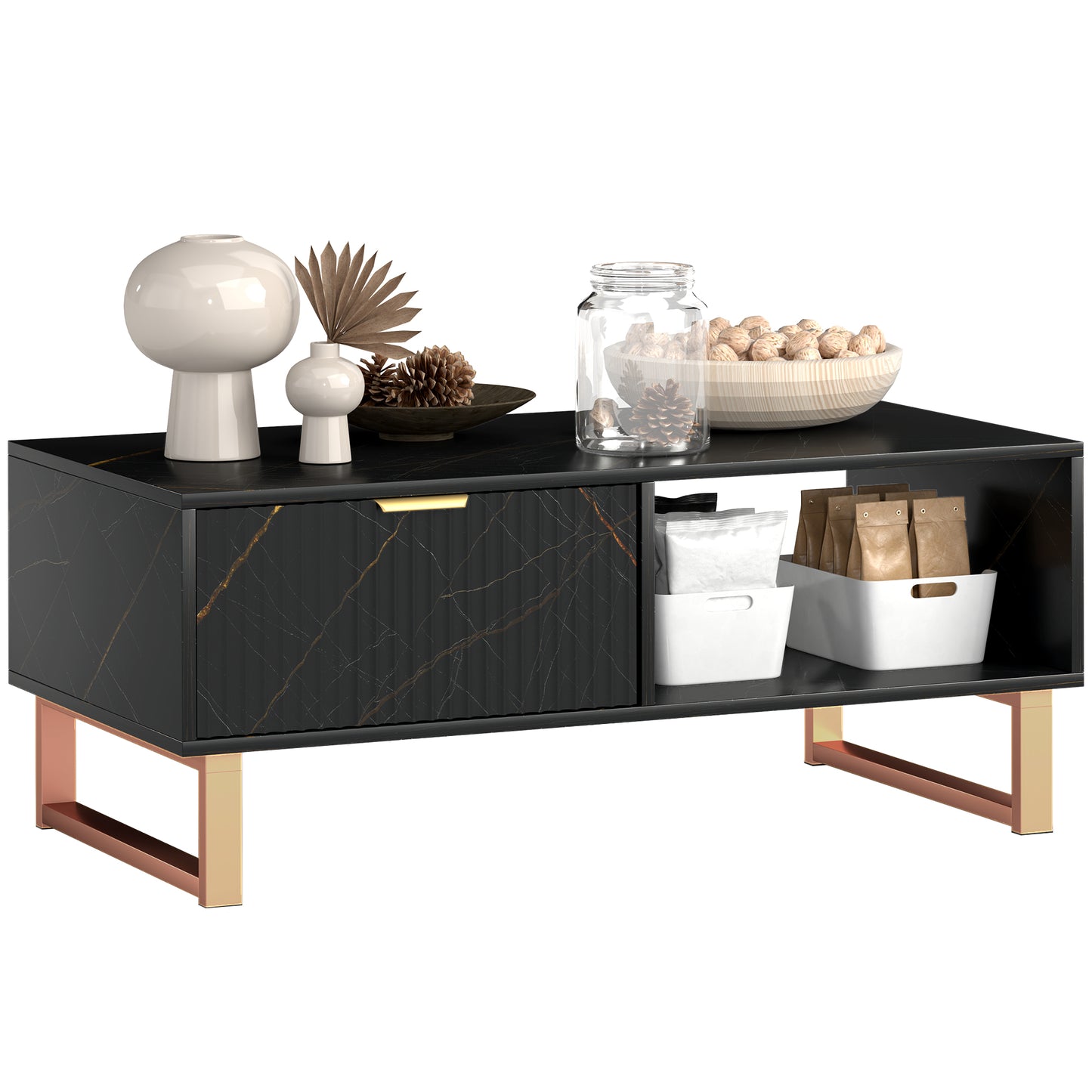 HOMCOM Elegant Marble Effect Storage Coffee Table - Black Default Title