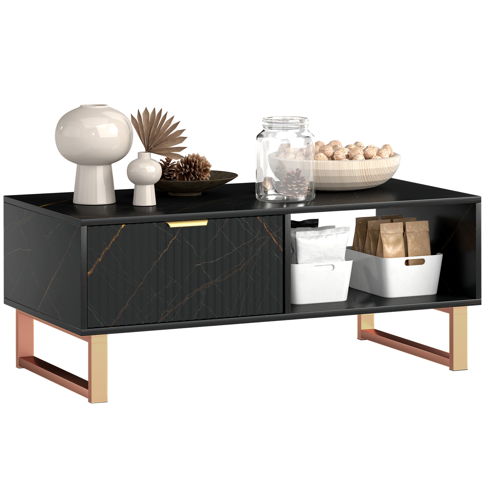 HOMCOM Elegant Marble Effect Storage Coffee Table - Black Default Title