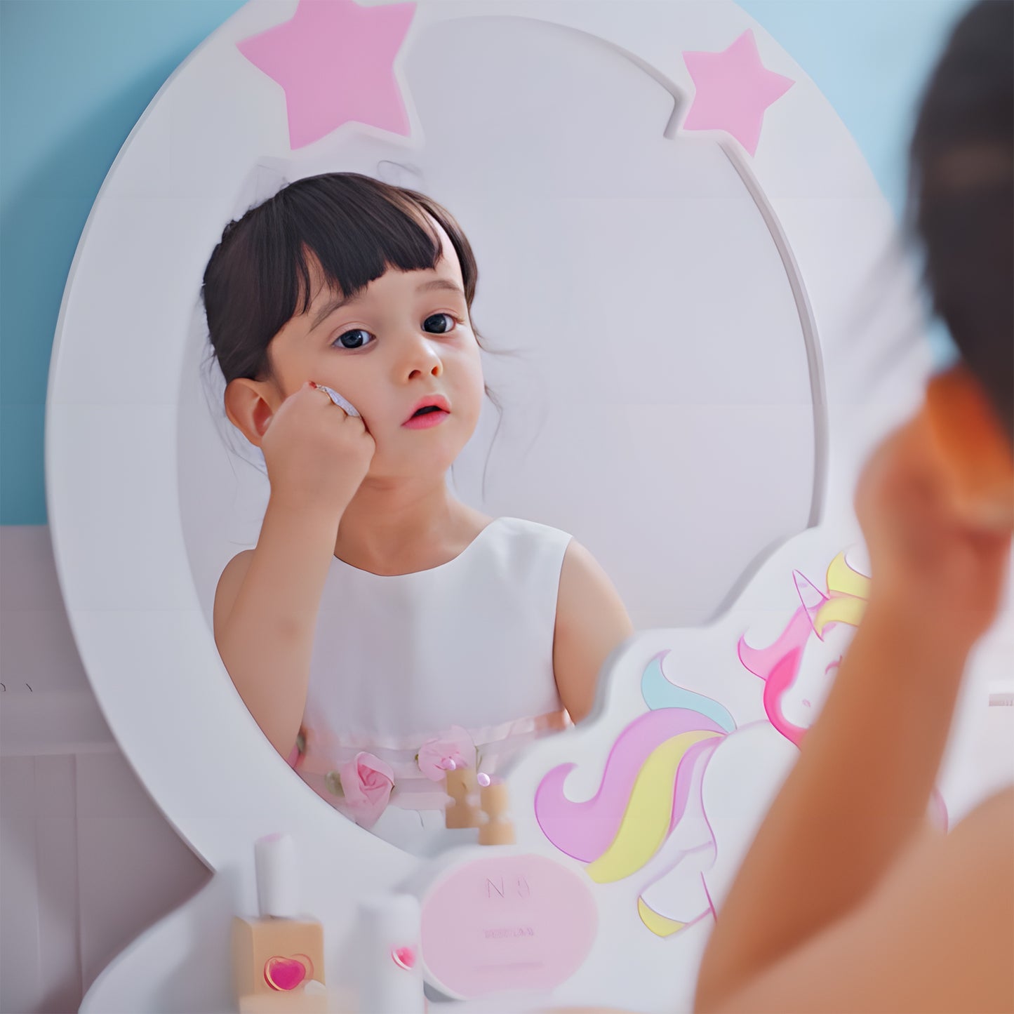 HOMCOM Kids Dressing Table with Mirror, Stool, Pink