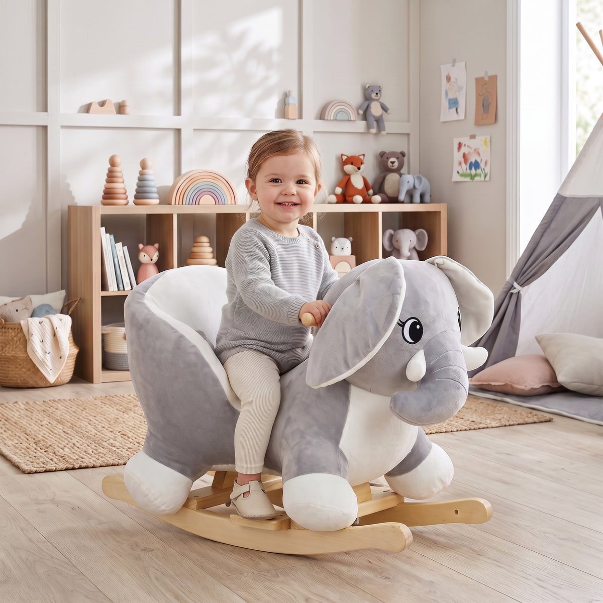 AIYAPLAY Elephant Rocking Horse, Plush Ride on Horse with Animal Sounds, Security Belt, Rocking Stopper for 18-36 Months, Grey