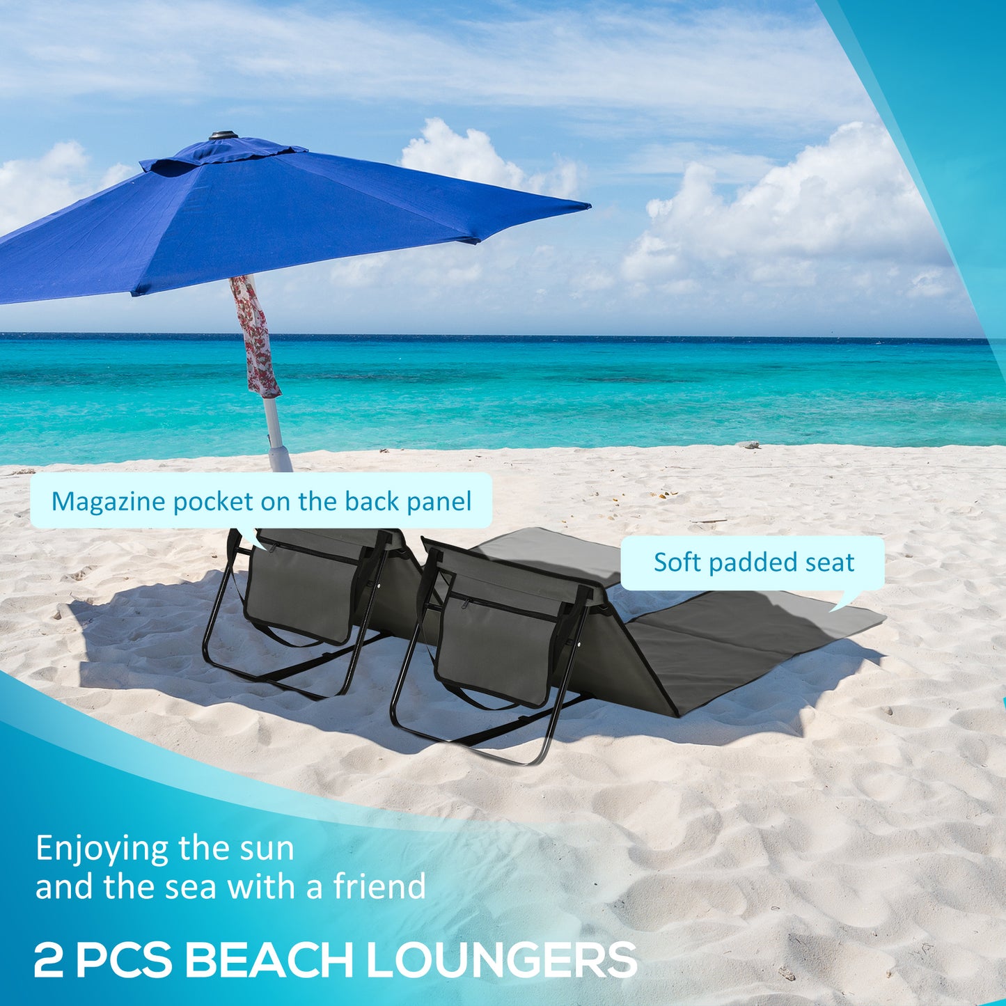 Outsunny Set of 2 Foldable Garden Beach Chair Mat, Outdoor Sun Lounger Seats with Adjustable Back, Magazine Pocket, Carry Bag