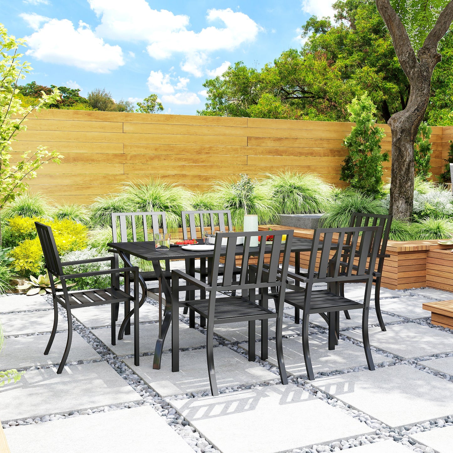 Outsunny 7 Pieces Garden Table and Chairs 6 Seater Outdoor Table and Chairs with Umbrella Hole, for Poolside, Garden, Black