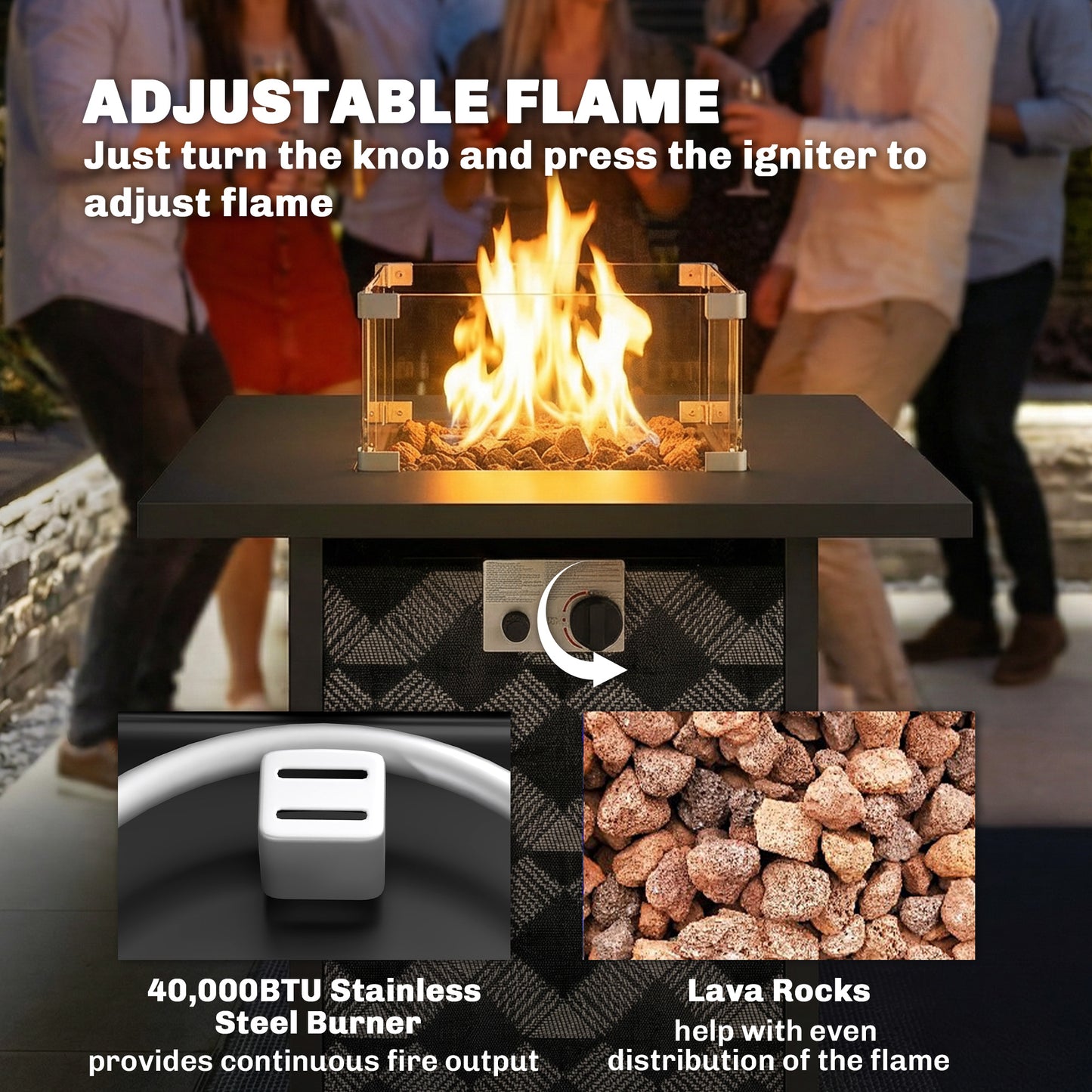 Outsunny Square Propane Gas Fire Pit Table, 12 KW Firepit with Glass Wind Guard, Lava Rocks, Gas Tank Holder