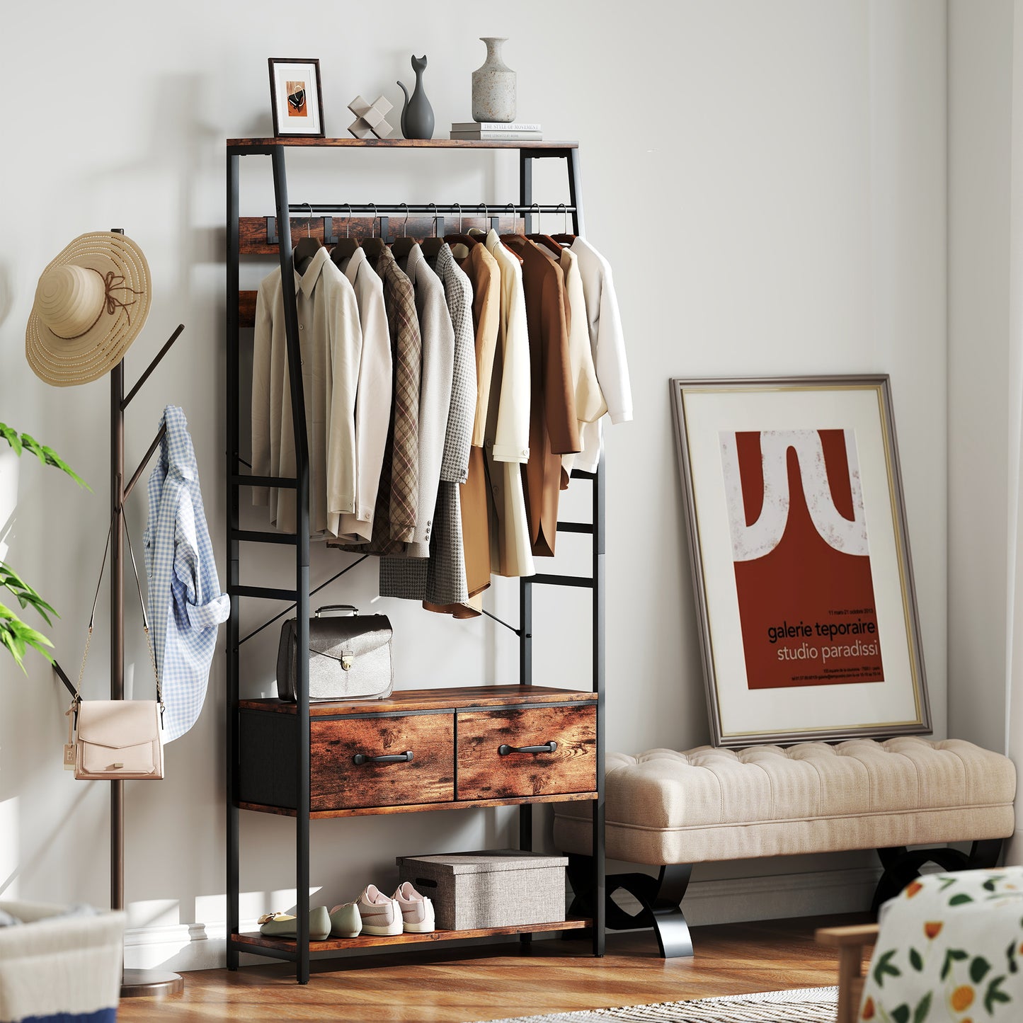 HOMCOM 6-in-1 Industrial-Style Hallway Organiser - Brown/Black