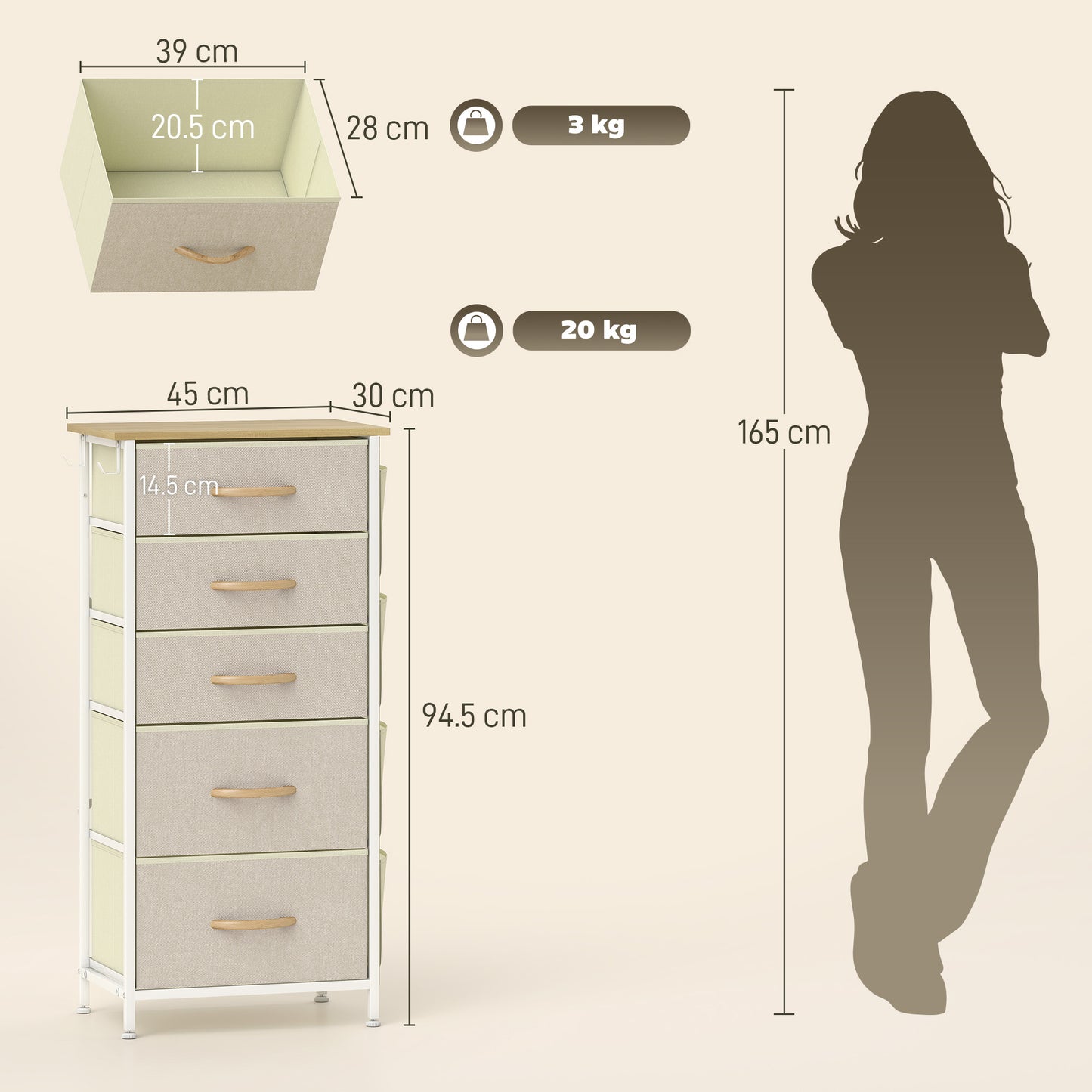 HOMCOM Chest of Five Fabric Drawers - Beige